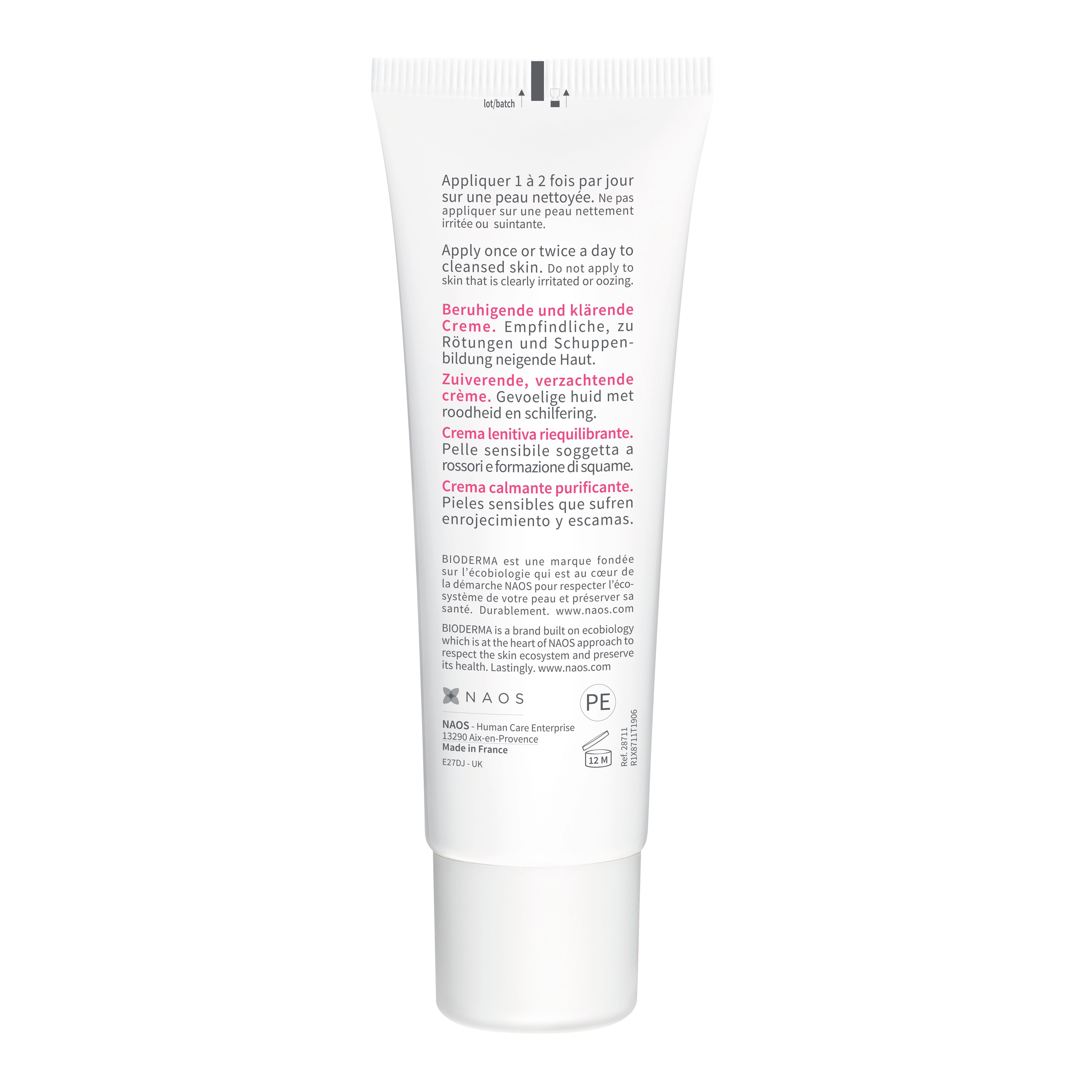 Retro del tubo. Testo multilingue. Istruzioni per l'uso. Logo BIODERMA. Simbolo di riciclaggio PE.