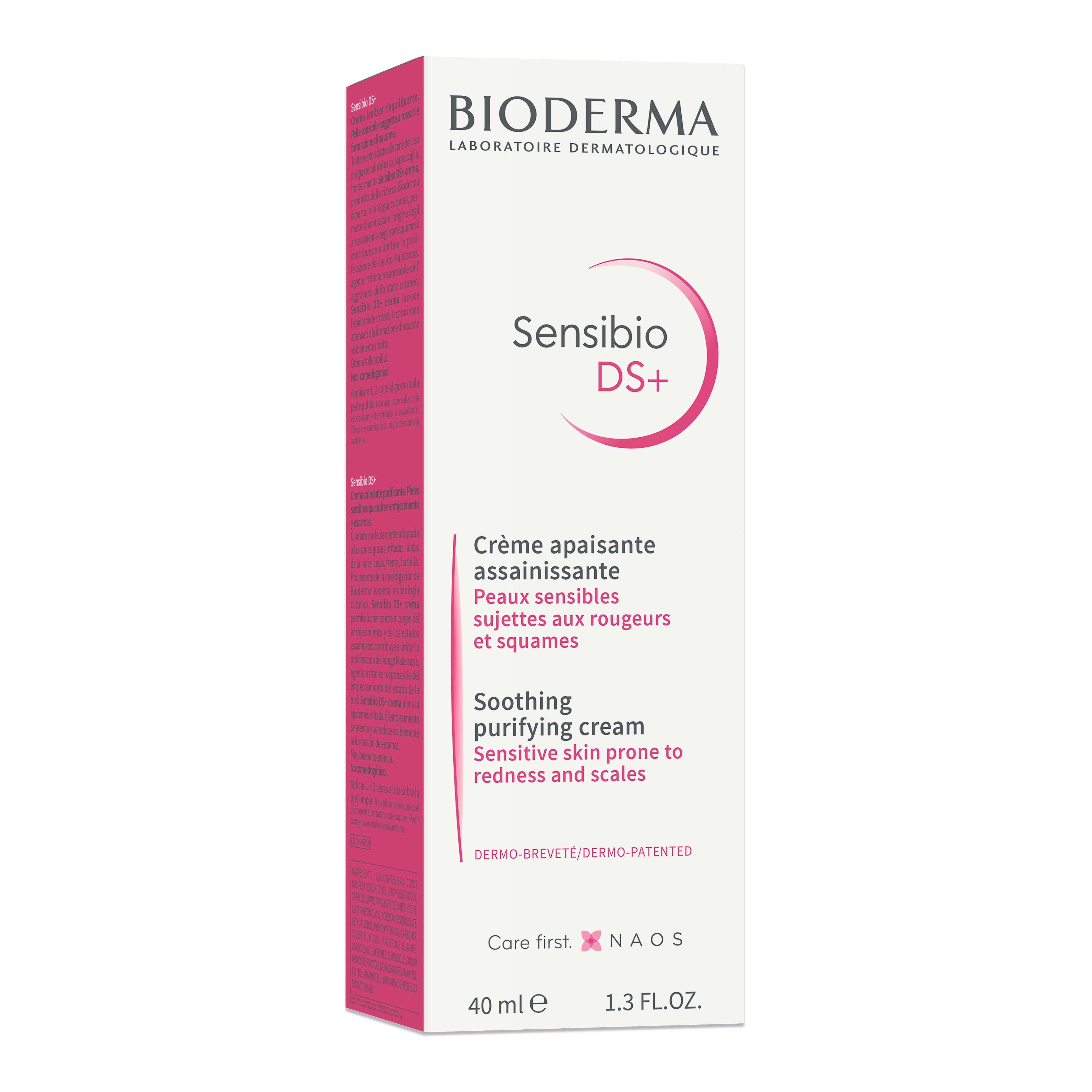 Confezione di cartone. BIODERMA Sensibio DS+. Testo rosso e bianco. 40 ml. Crema lenitiva per pelli sensibili.