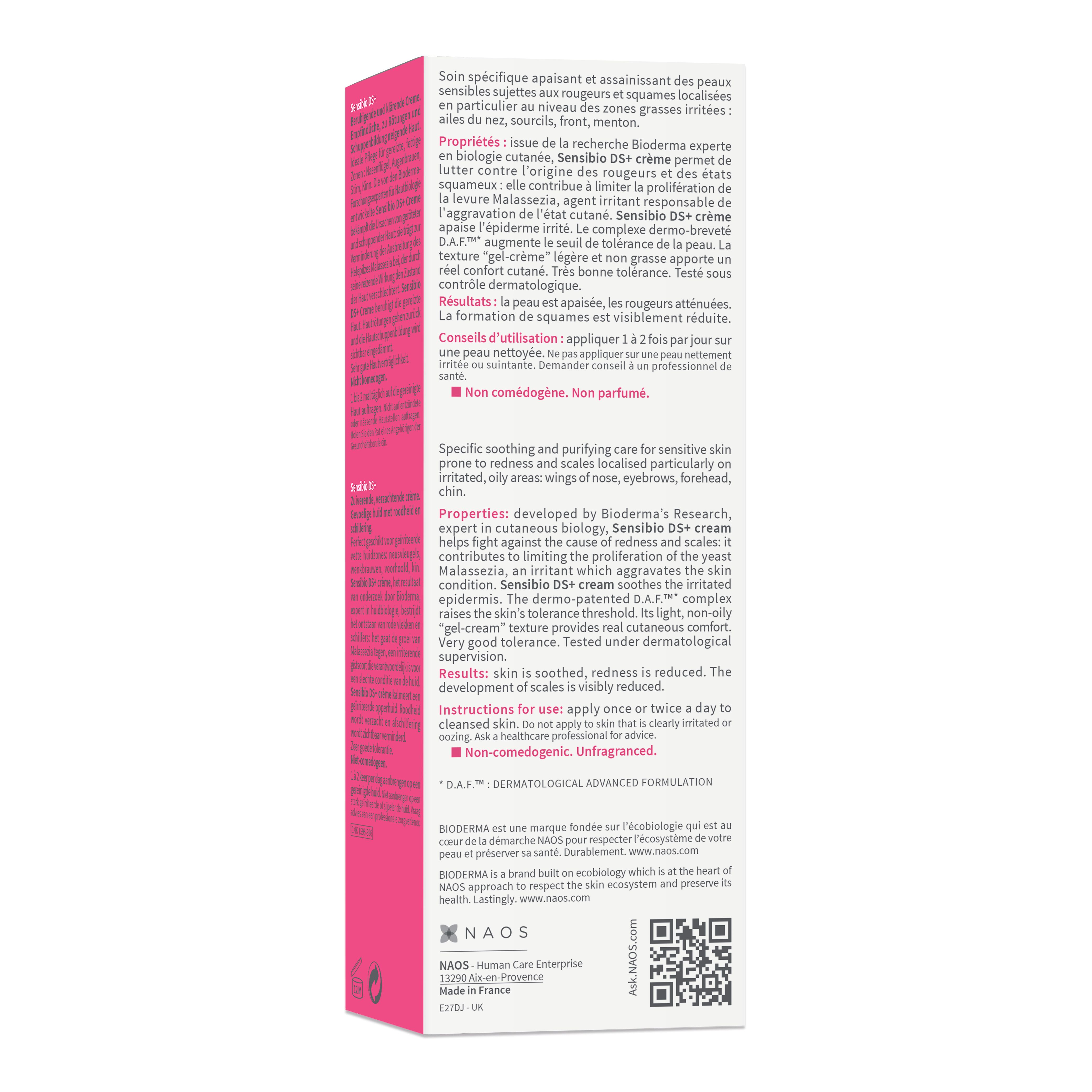 Confezione di cartone, testo multilingue. BIODERMA Sensibio DS+. Istruzioni per l'uso. Ingredienti. Logo NAOS.