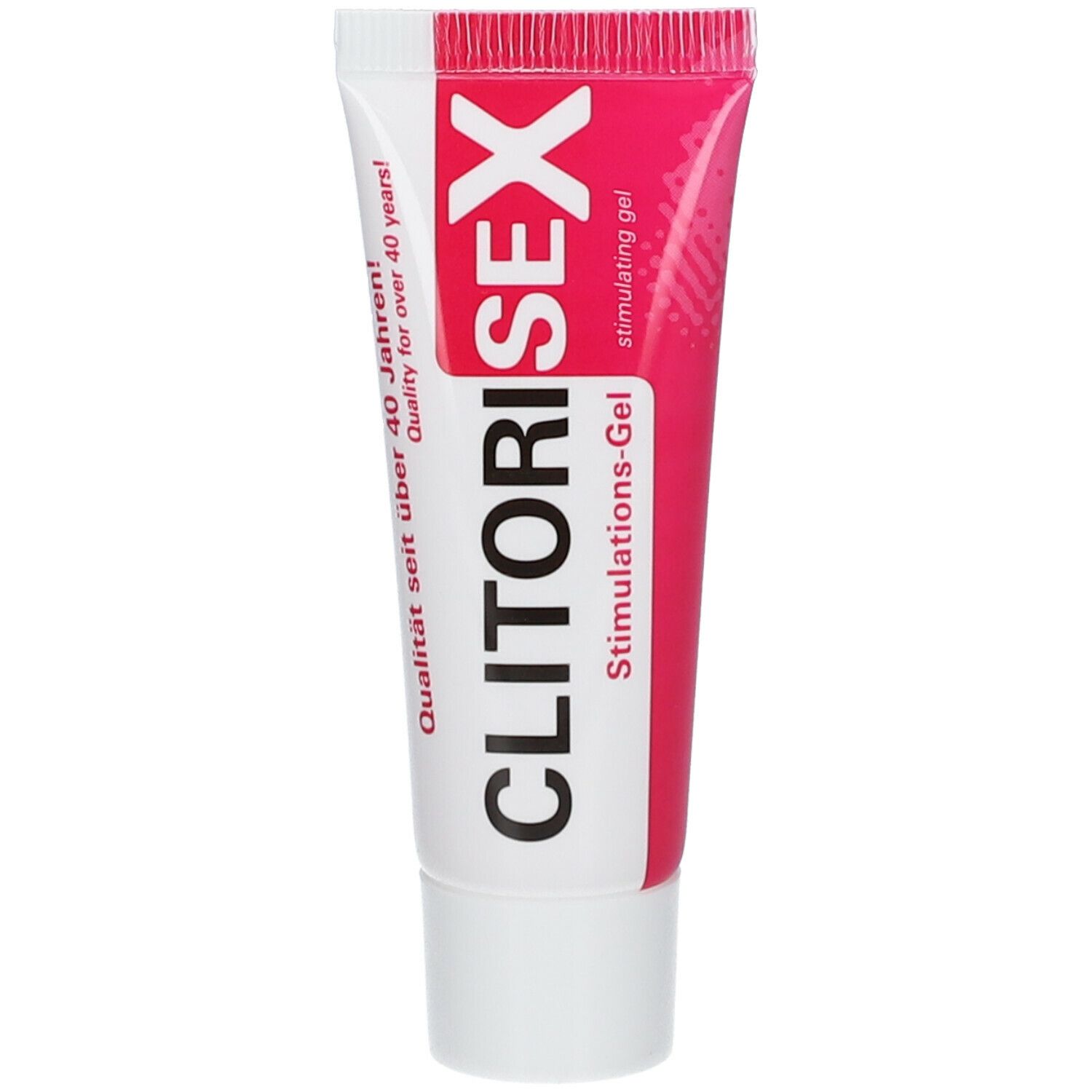 Tubo di gel rosa. Scritta: CLITORISEX, Stimulations-Gel. Qualità da oltre 40 anni.