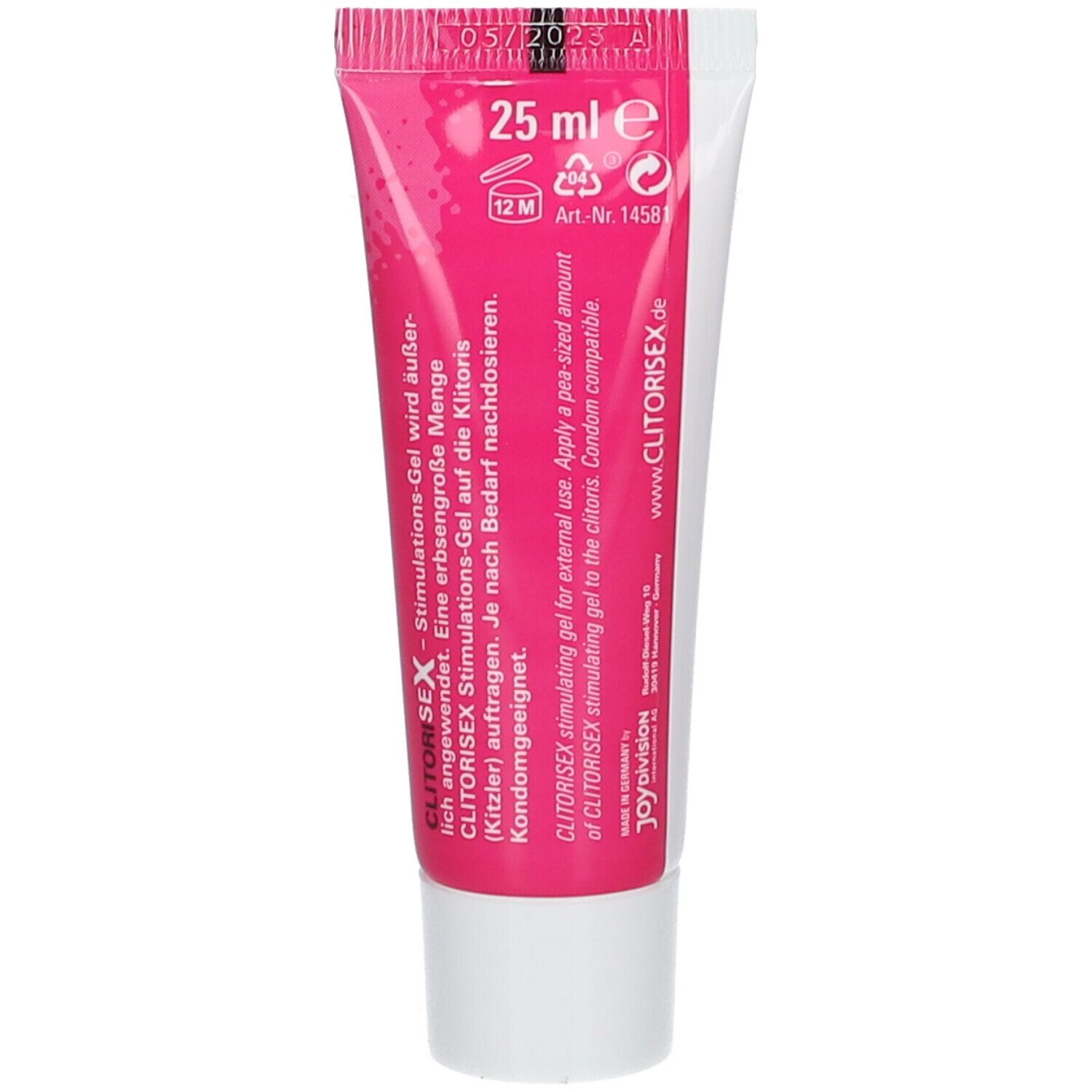 Retro del tubo. Testo: CLITORISEX Stimulations-Gel. 25 ml. Informazioni sull'uso e ingredienti.