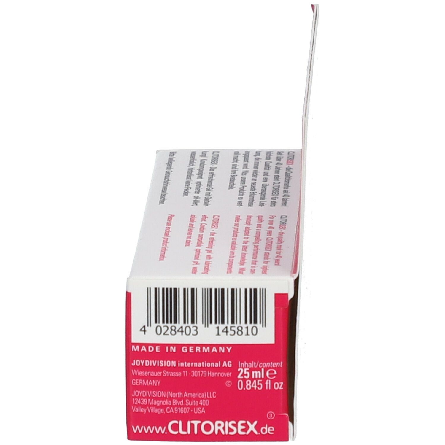 Vista laterale della confezione. Codice a barre, informazioni produttore, 25 ml, 0.845 fl oz.