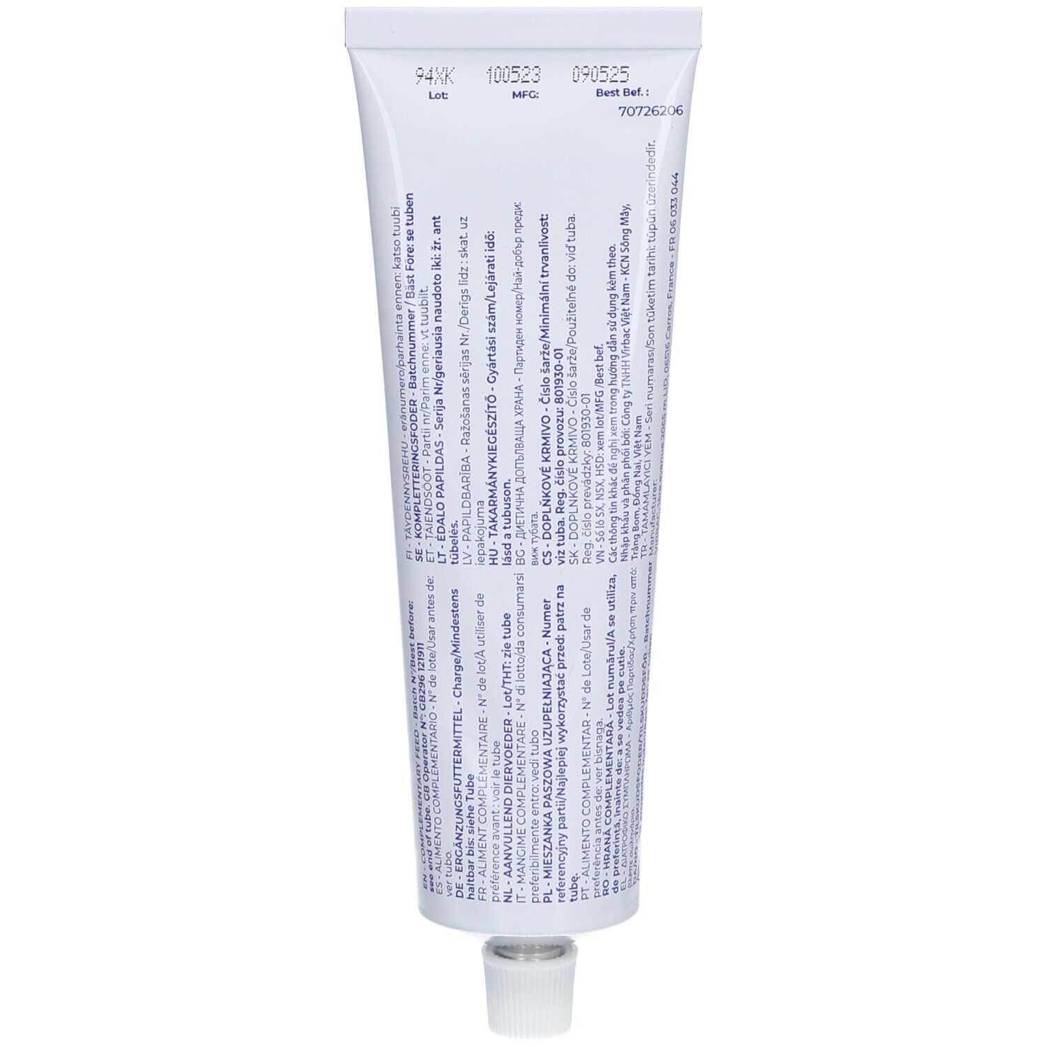 Retro del tubo di Nutri-plus Gel. Testo multilingue. Sfondo bianco. Informazioni sugli ingredienti e il produttore.