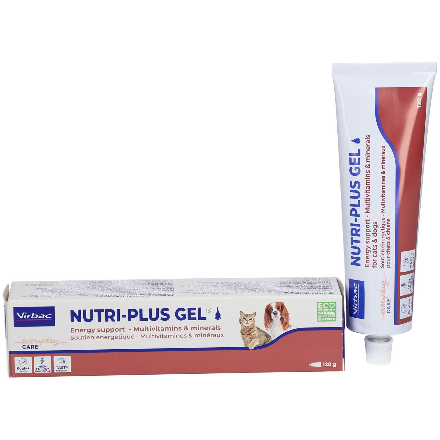 Tubo e confezione di Nutri-plus Gel. Confezione con gatto e cane. 120 g. Tubo aperto.