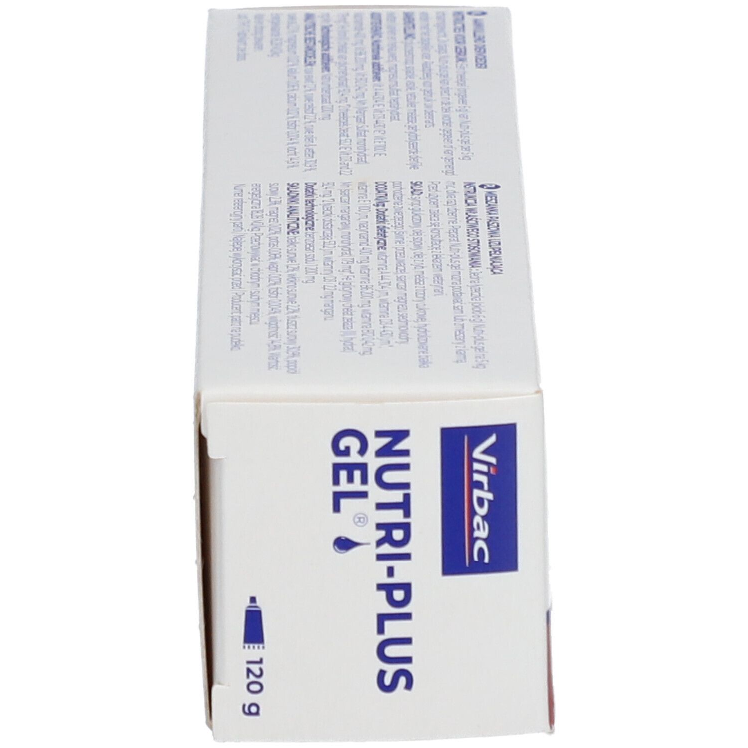 Confezione Nutri-plus Gel, vista laterale. Scritta: Nutri-plus Gel. 120 g. Informazioni produttore.