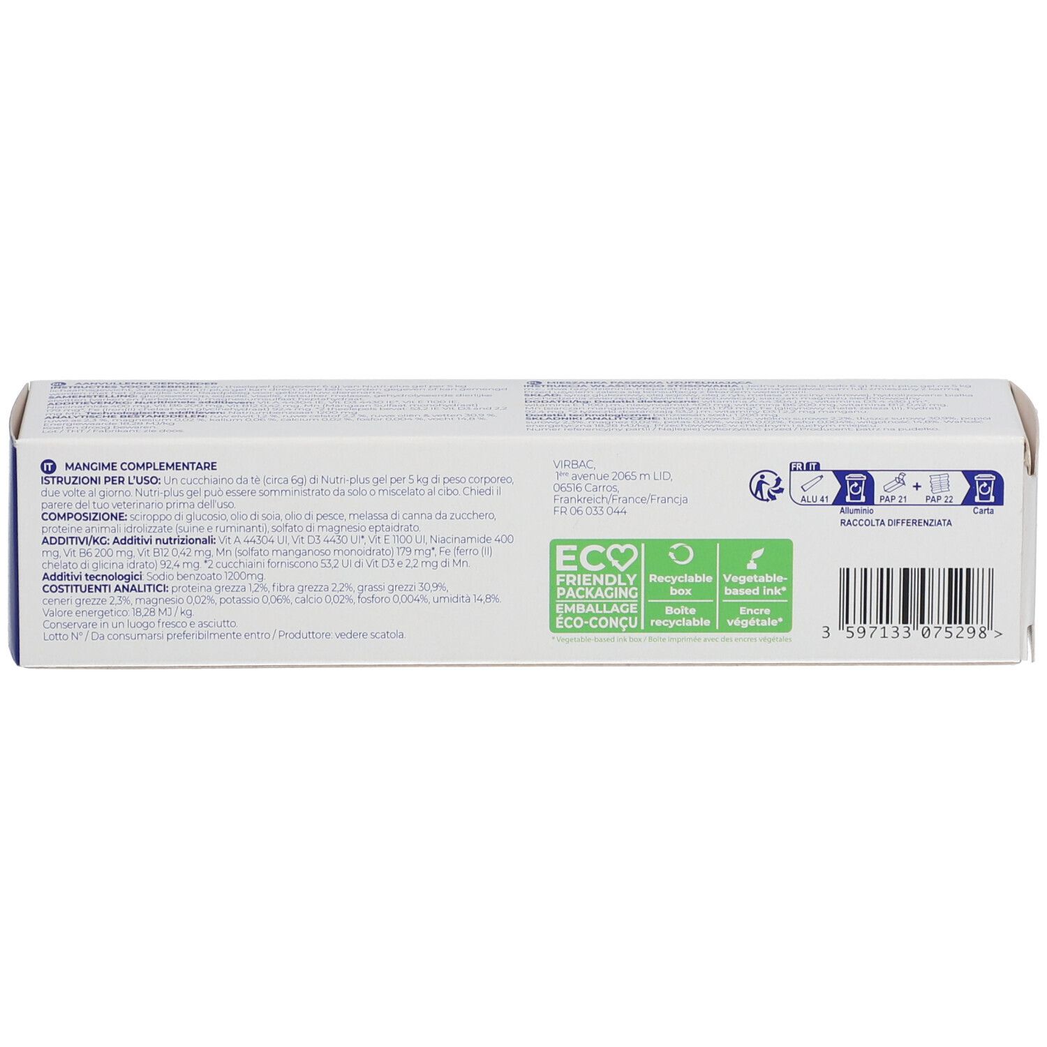 Retro della confezione Nutri-plus Gel. Testo multilingue. Informazioni sugli ingredienti e il produttore.