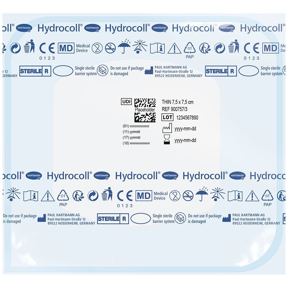 Confezione di medicazione Hydrocoll thin. Informazioni e simboli. Dimensioni 7,5 x 7,5 cm.