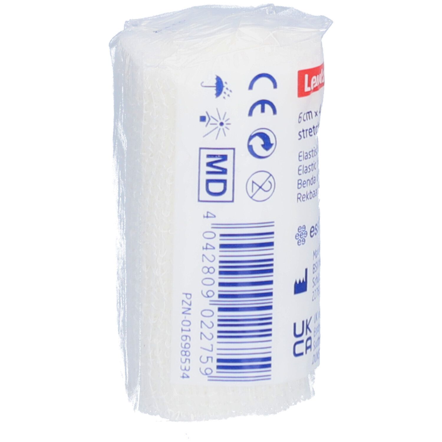 Benda elastica di fissaggio Elastomull, 6 cm x 4 m, confezionata. Scritte: Made in India, numero di lotto, data di scadenza, codice a barre.