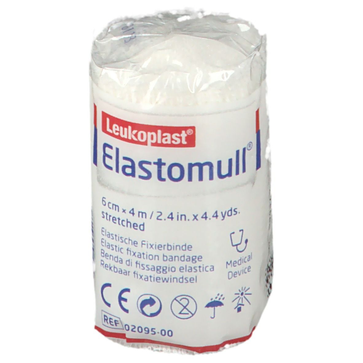Benda elastica di fissaggio Elastomull, 6 cm x 4 m, confezionata. Scritte: Leukoplast, informazioni sul prodotto, marchio CE.