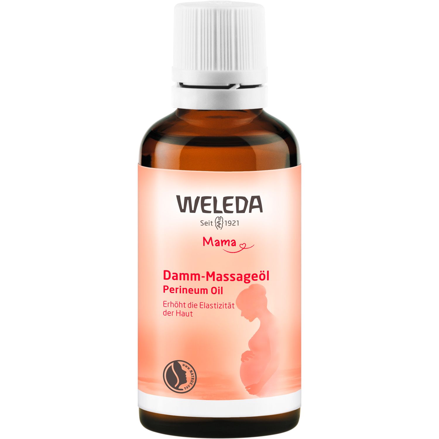Weleda Mama Olio per massaggio perineale. Flacone di vetro marrone con tappo bianco. Prodotto con logo e testo.