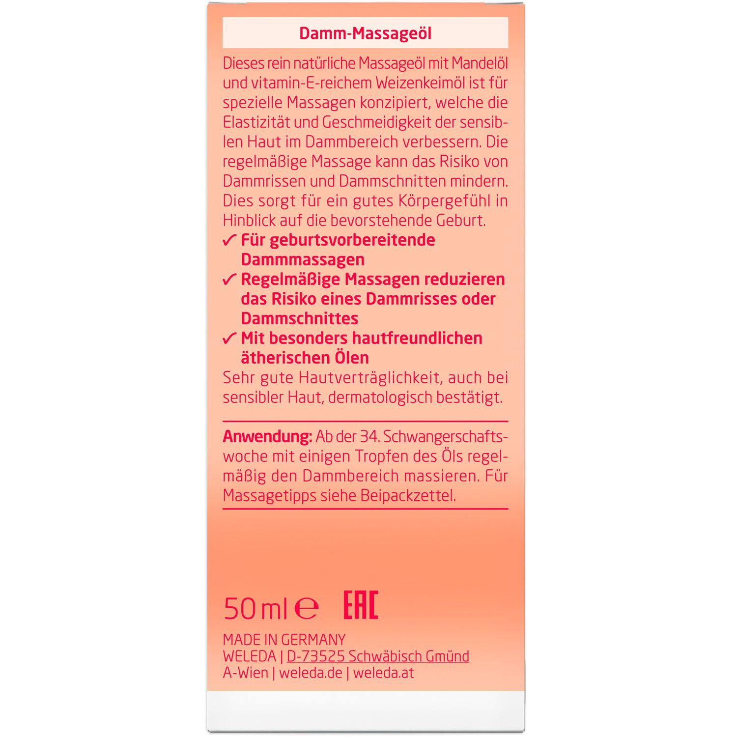 Weleda Mama Olio per massaggio perineale. Confezione del prodotto con testo, ingredienti e certificazioni.