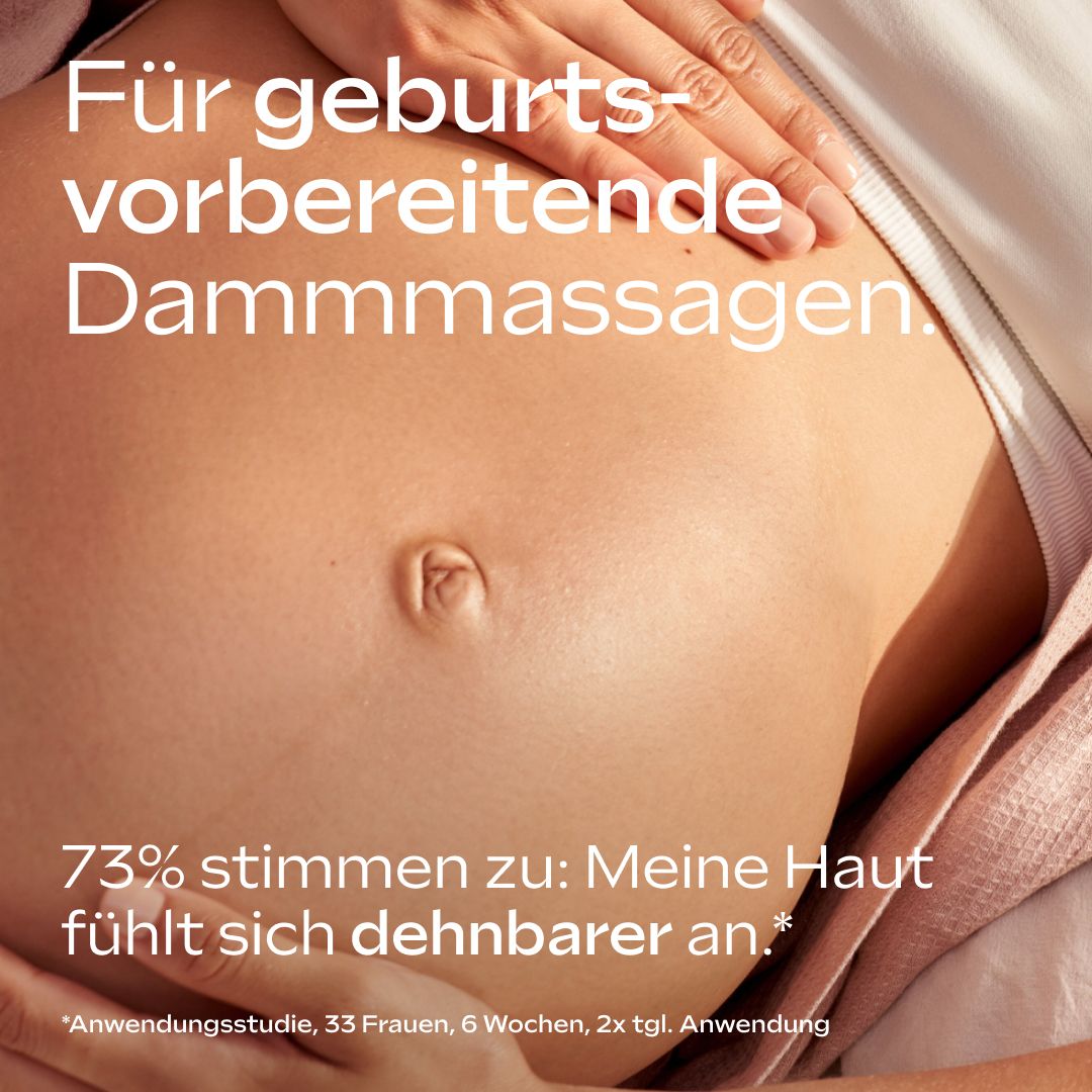 Donna incinta che tiene la pancia. Testo: Per massaggi perineali preparatori al parto. Il 73% è d'accordo: la mia pelle è più elastica.