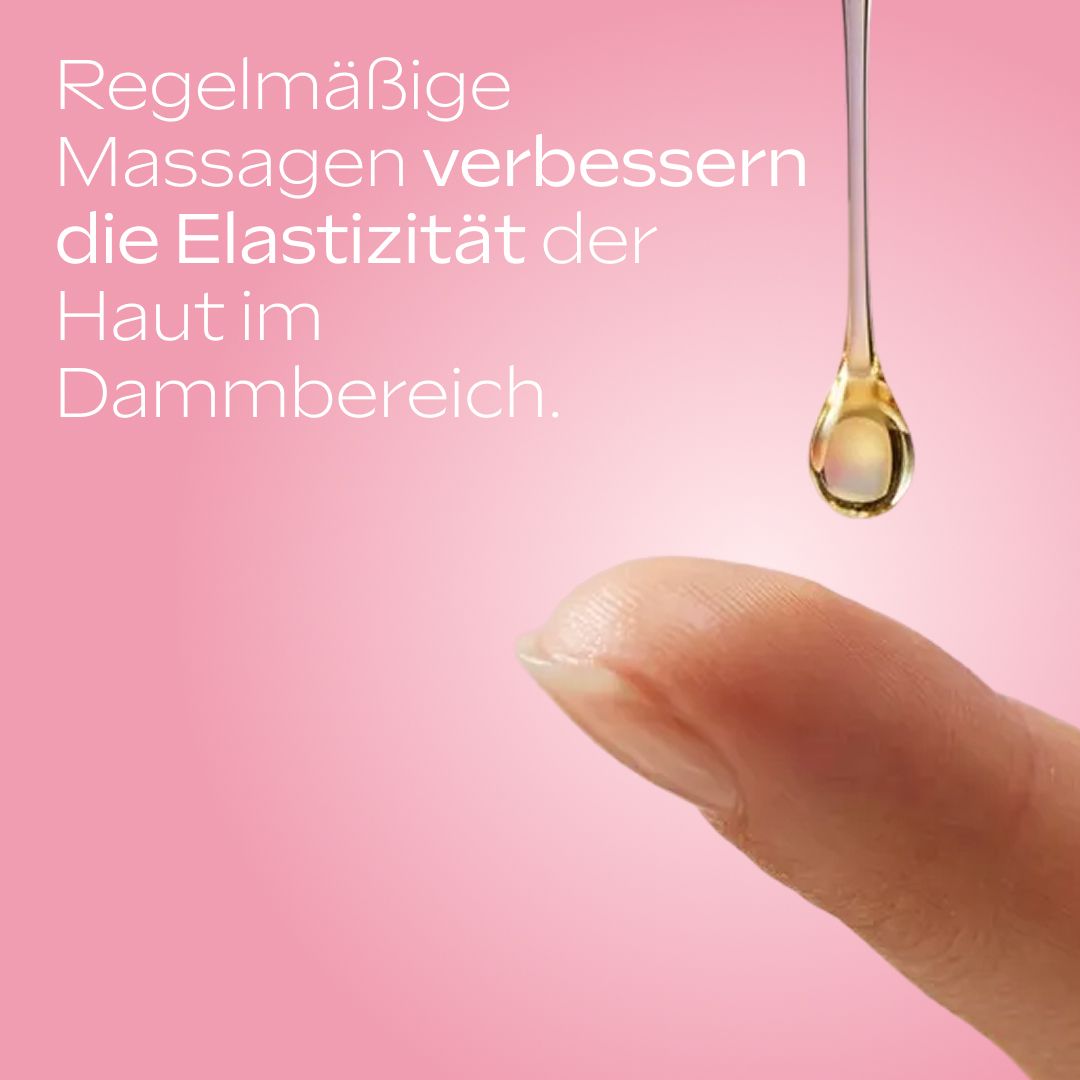 Goccia d'olio su un dito. Testo: I massaggi regolari migliorano l'elasticità della pelle nella zona perineale.