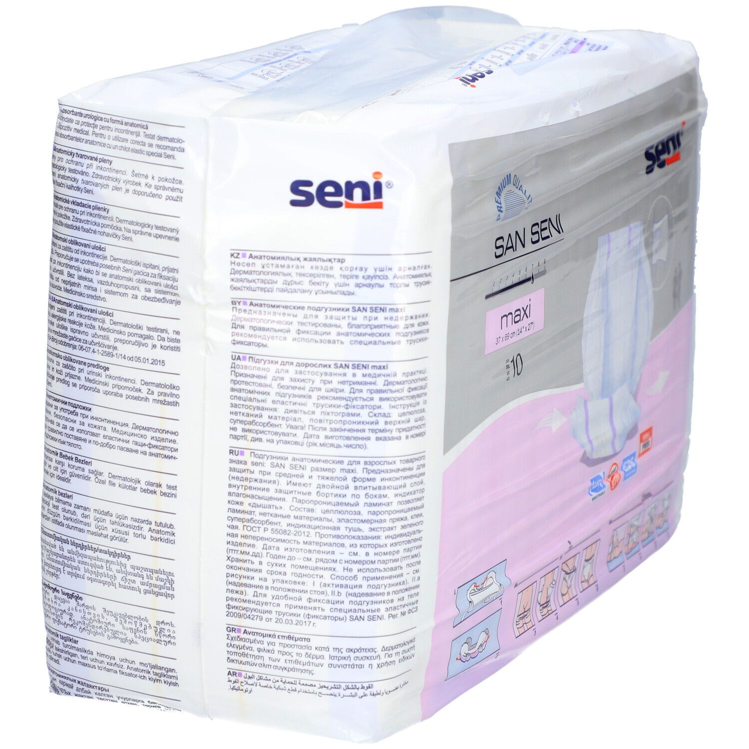 Confezione di San Seni Maxi. Retro con informazioni sul prodotto e testo. E10.