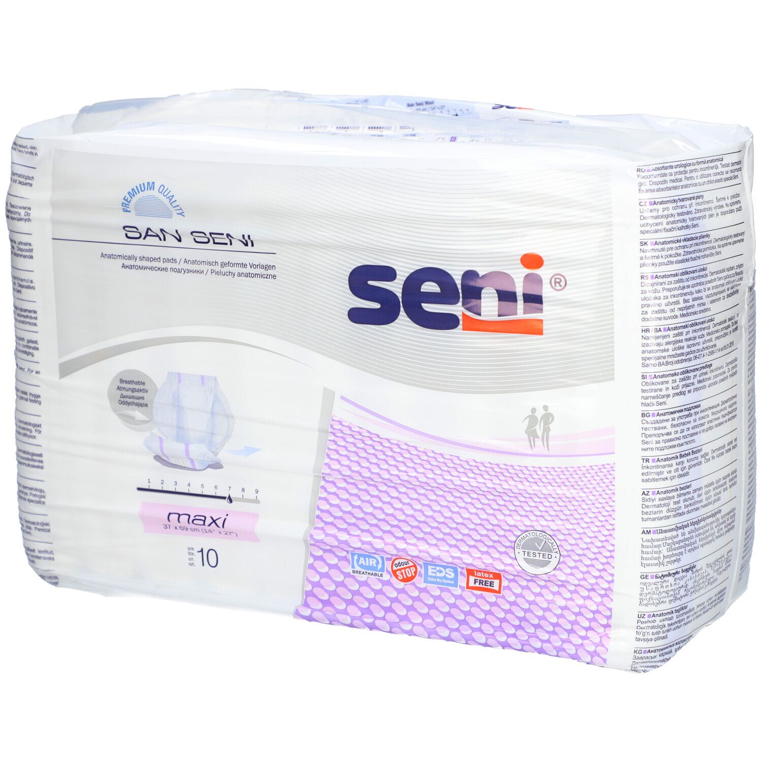 Confezione di San Seni Maxi. Confezione rosa e bianca con immagine del prodotto e testo. E10.