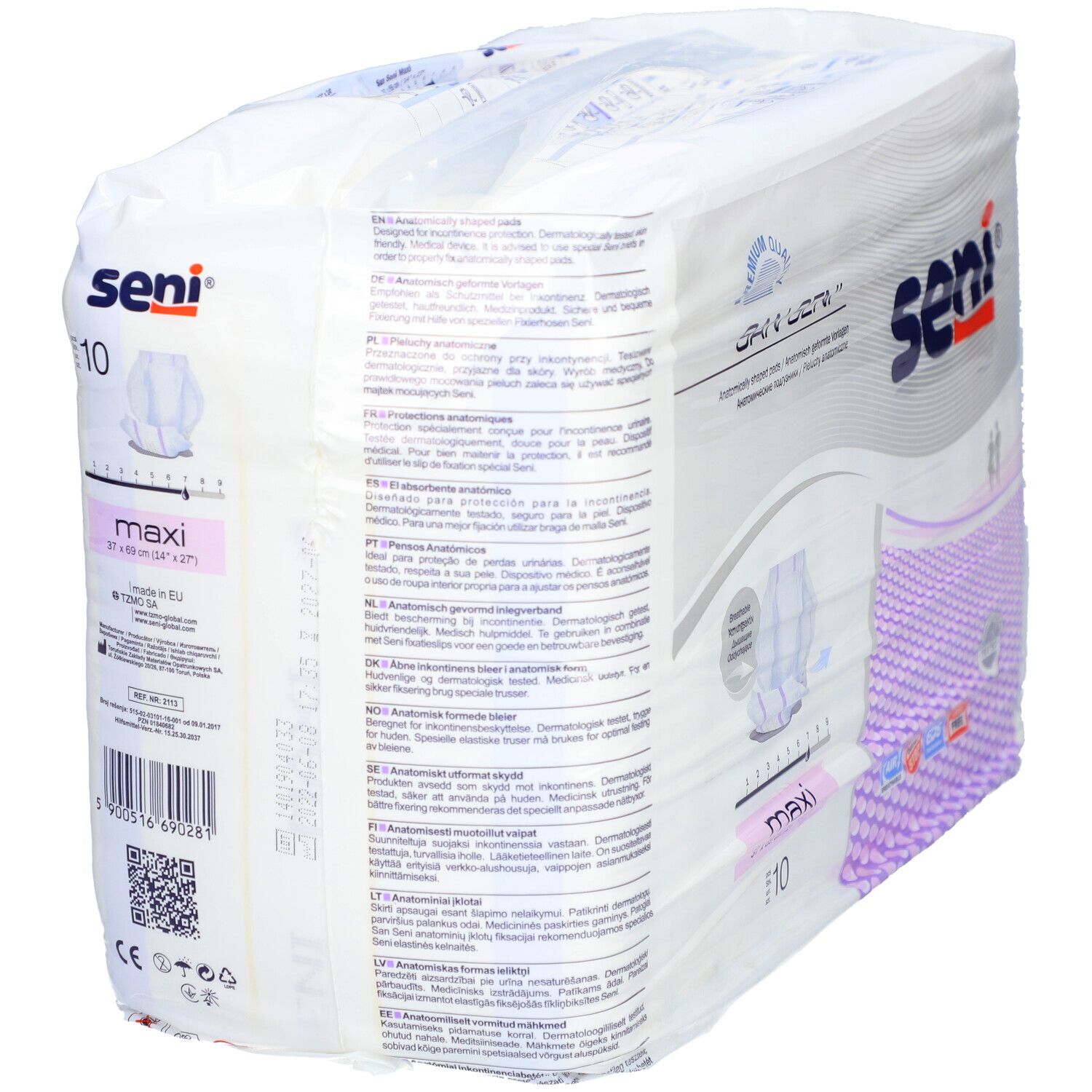 Confezione di San Seni Maxi. Retro con informazioni sul prodotto e testo. E10.