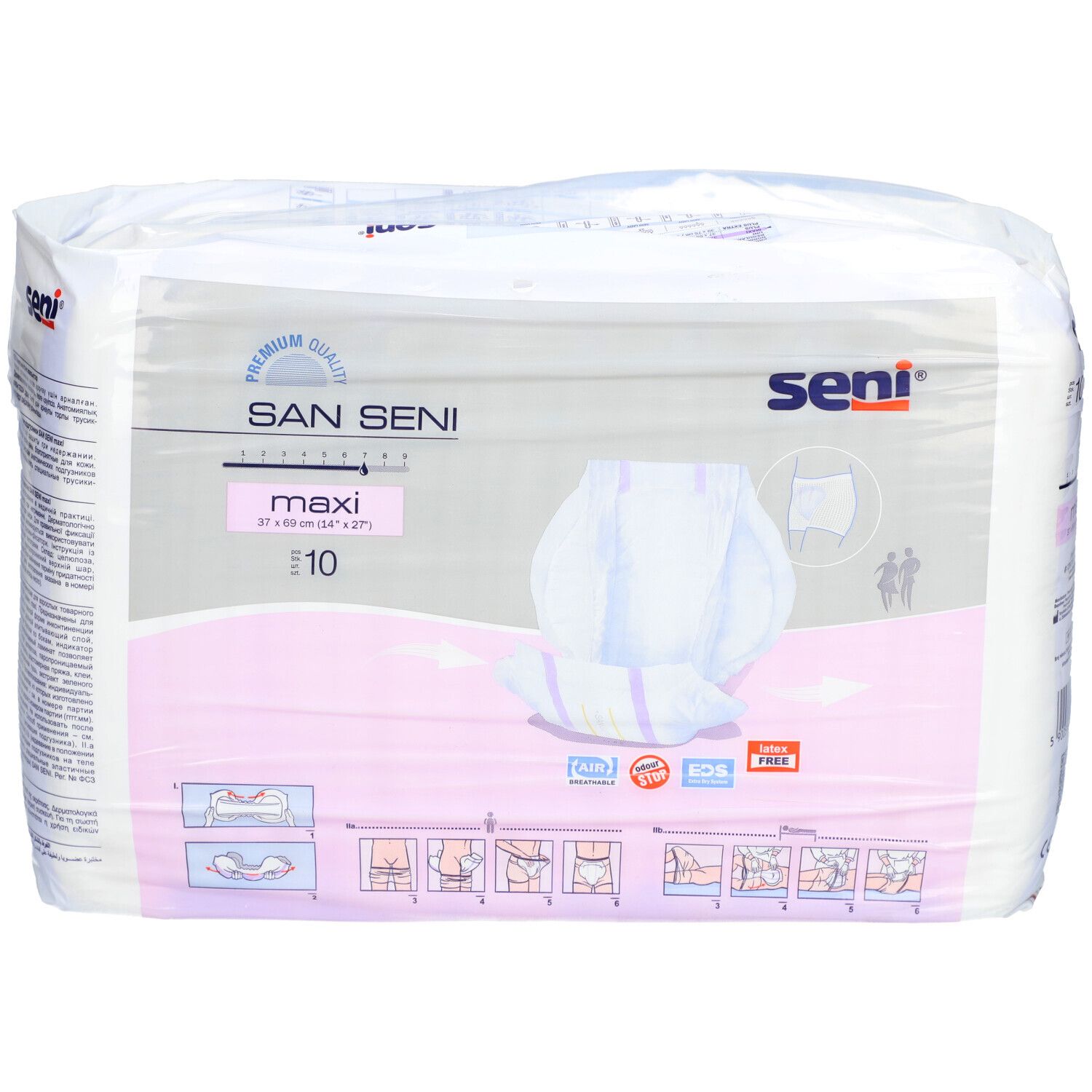 Confezione di San Seni Maxi. Confezione rosa e bianca con immagine del prodotto e testo. E10.