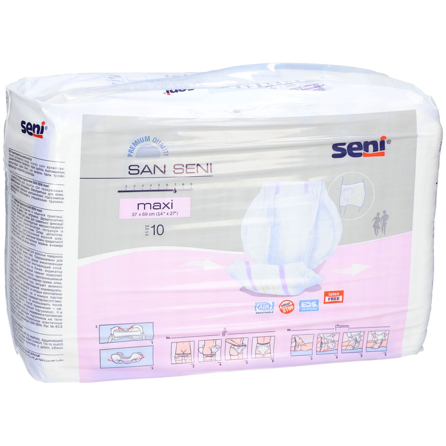 Confezione di San Seni Maxi. Confezione rosa e bianca con immagine del prodotto e testo. E10.