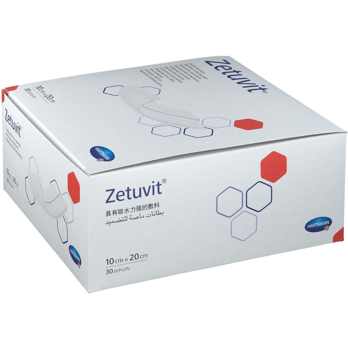 Confezione Hartmann Zetuvit. Scatola bianca con immagine del prodotto e scritta Zetuvit. Dimensioni: 10x20 cm, 30 pezzi.