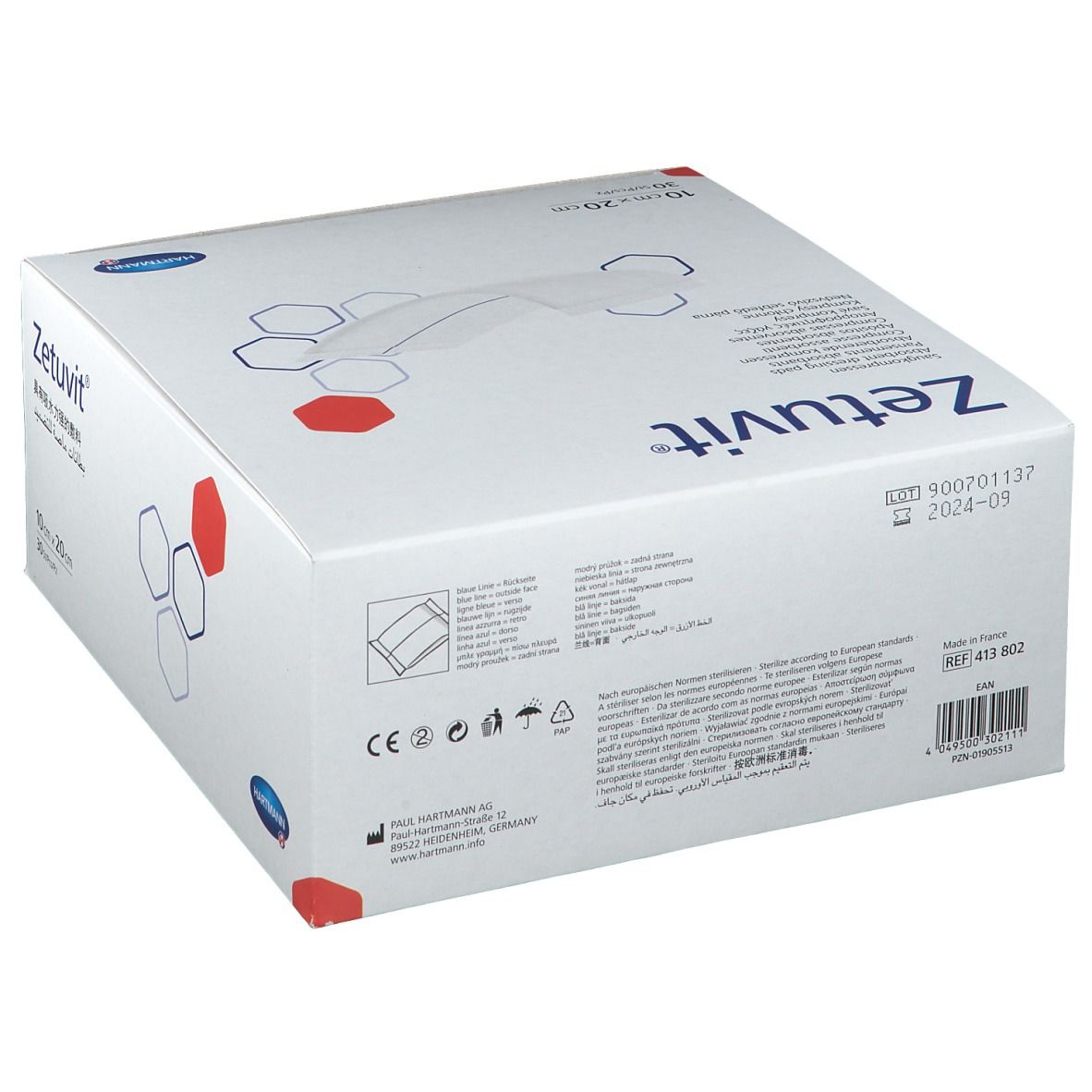 Confezione Hartmann Zetuvit. Scatola bianca con immagine del prodotto e scritta Zetuvit. Dimensioni: 10x20 cm, 30 pezzi.