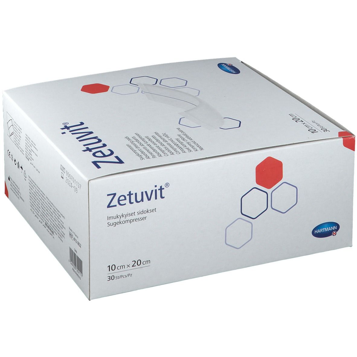 Confezione Hartmann Zetuvit. Scatola bianca con immagine del prodotto e scritta Zetuvit. Dimensioni: 10x20 cm, 30 pezzi.