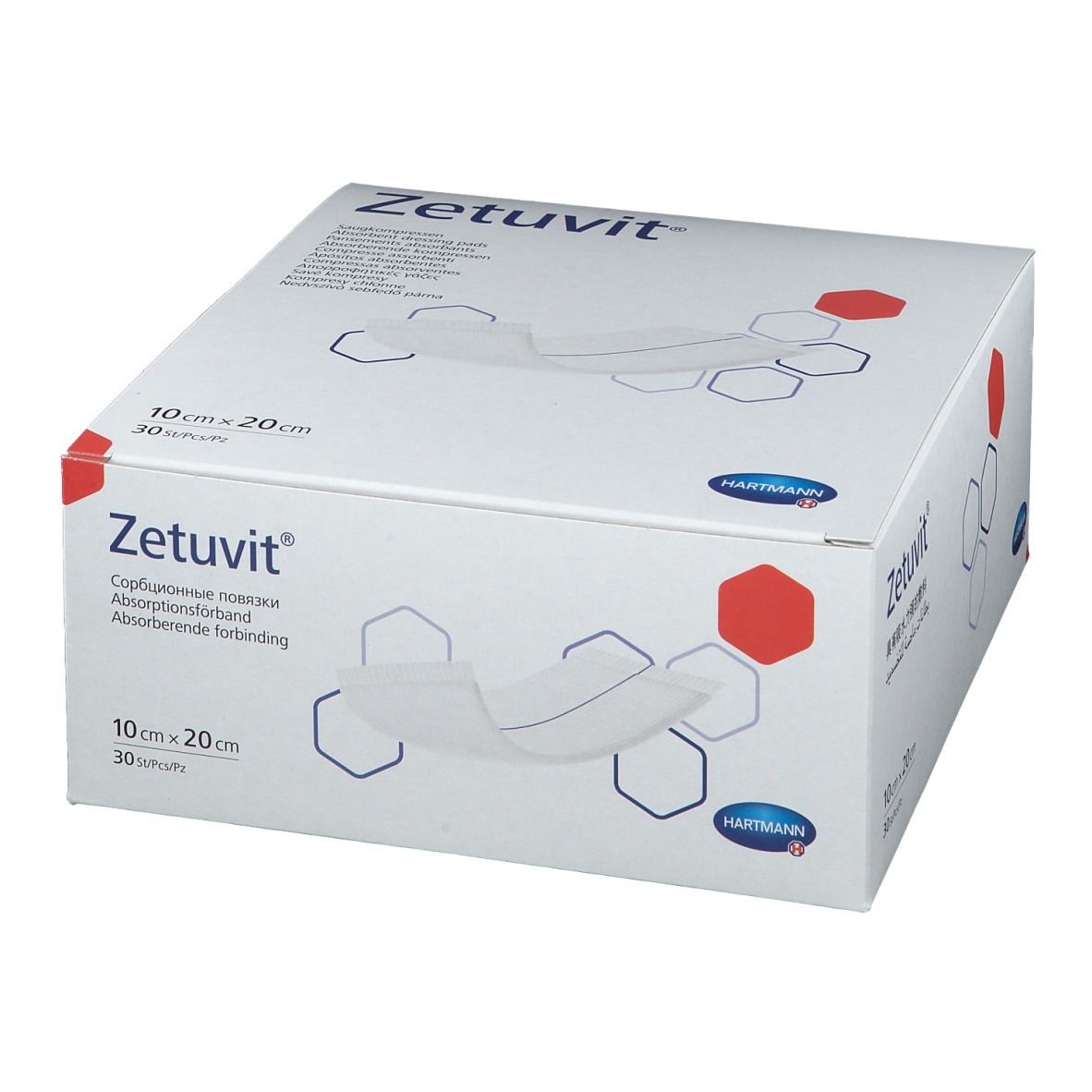 Confezione Hartmann Zetuvit. Scatola bianca con immagine del prodotto e scritta Zetuvit. Dimensioni: 10x20 cm, 30 pezzi.