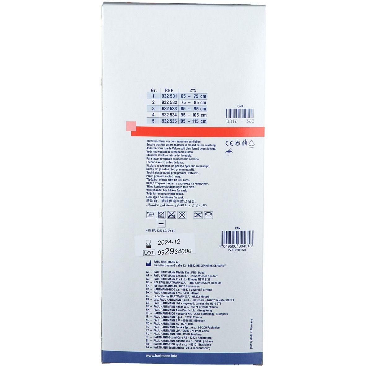 Retro della confezione Hartmann Verba®. Contiene informazioni sulle taglie, simboli di lavaggio e informazioni sul produttore.