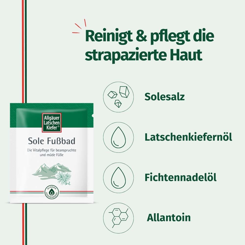 Ingredienti del pediluvio. Sale marino, olio di pino mugo, olio di aghi di abete e allantoina. Confezione sullo sfondo.