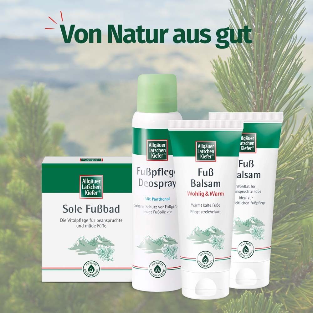 Gamma di prodotti Allgäuer Latschenkiefer. Sole Fußbad, deodorante per i piedi, balsamo per i piedi, balsamo per i piedi.