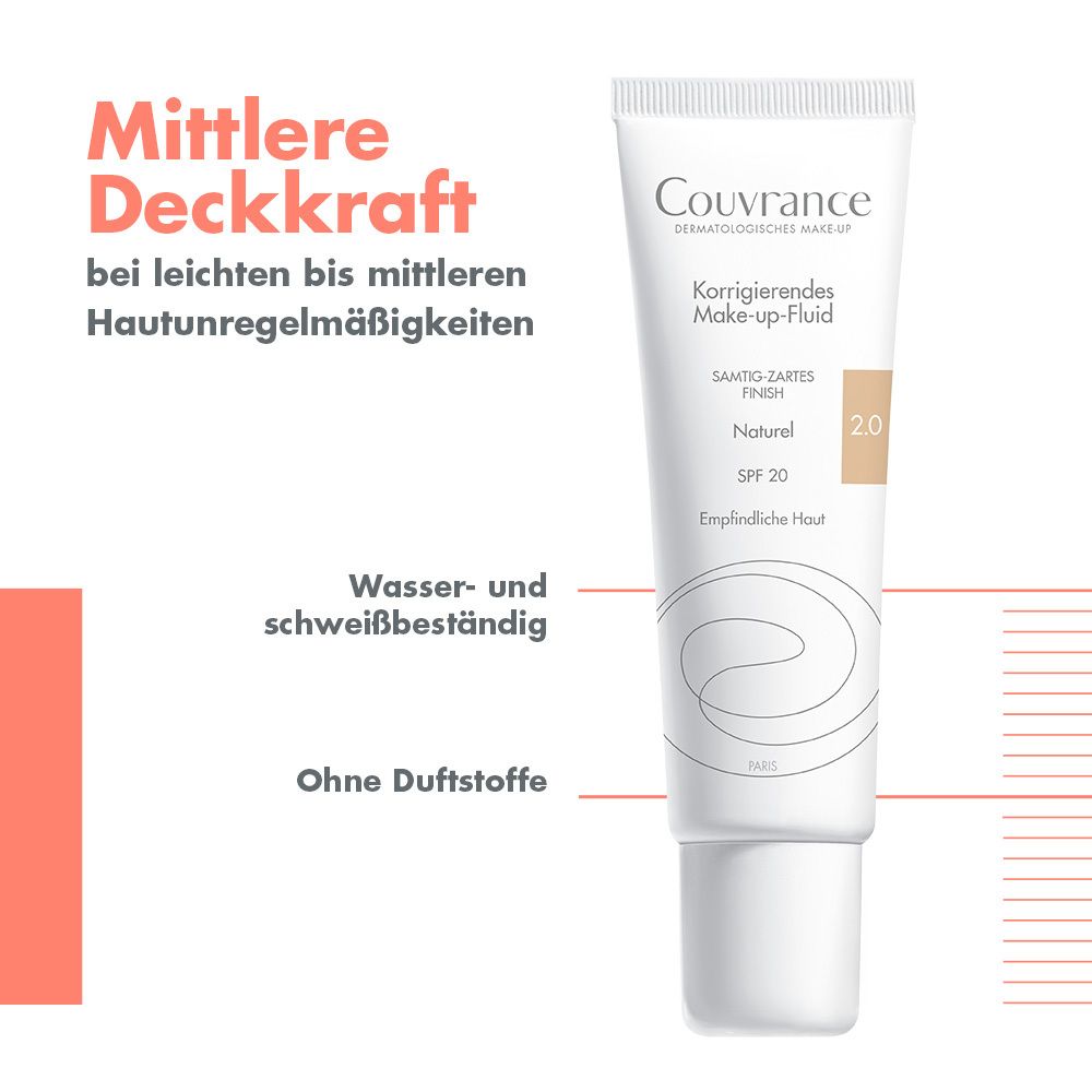 Couvrance Fluido correttore make-up, tonalità 2.0 Natural, SPF 20. Resistente all'acqua e al sudore, senza profumo.