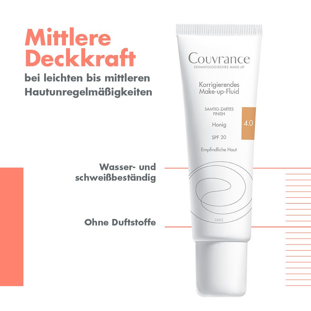 Fluido makeup Couvrance, tonalità Miele 4.0, SPF 20. Resistente all'acqua e al sudore, senza profumo.