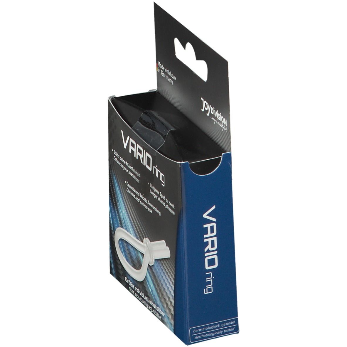 Confezione VARIOring, lato blu. Testo: VARIOring, JoyDivision. Anello con nodo. Made in Germany. Misura regolabile.
