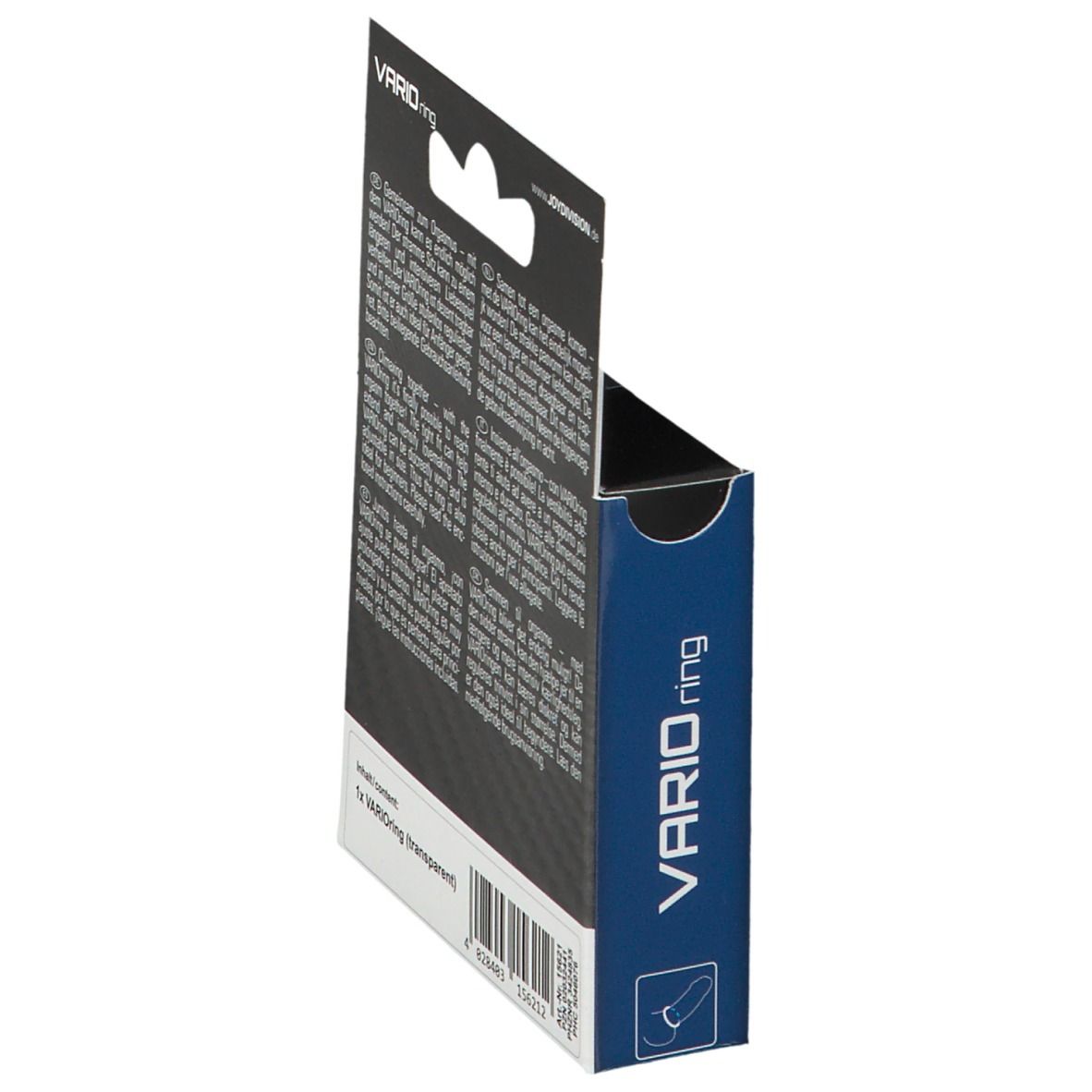 Lato confezione VARIOring. Testo: VARIOring, JoyDivision. Codice a barre. Informazioni multilingue.