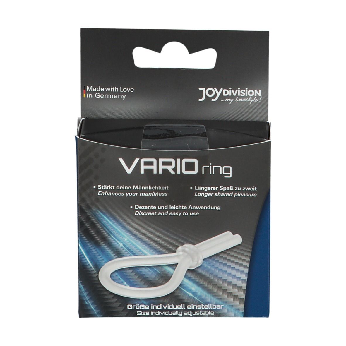 Confezione VARIOring. Anello trasparente con nodo. Testo: JoyDivision, Made in Germany. Misura regolabile.