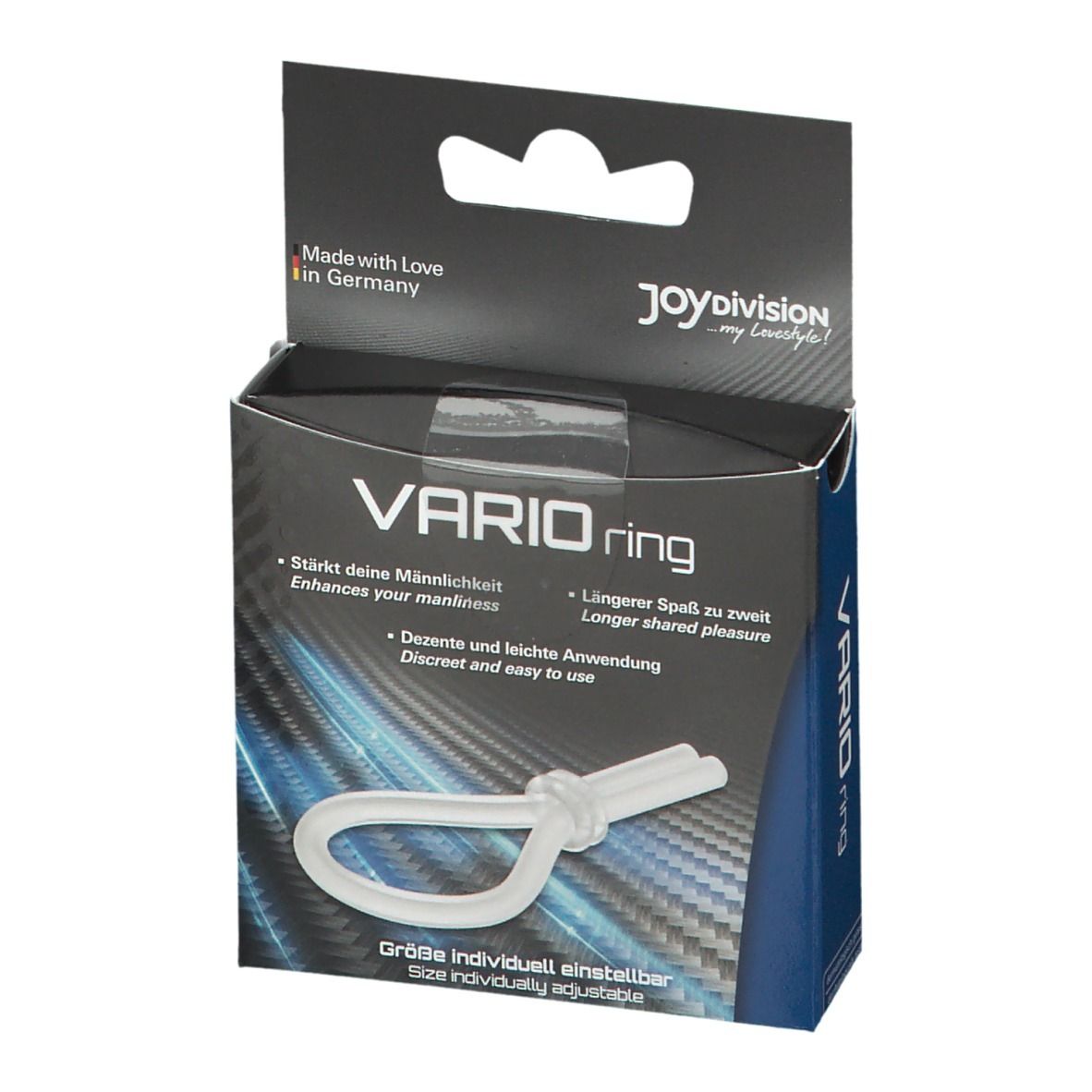 Confezione VARIOring. Anello trasparente con nodo. Testo: JoyDivision, Made in Germany. Misura regolabile.