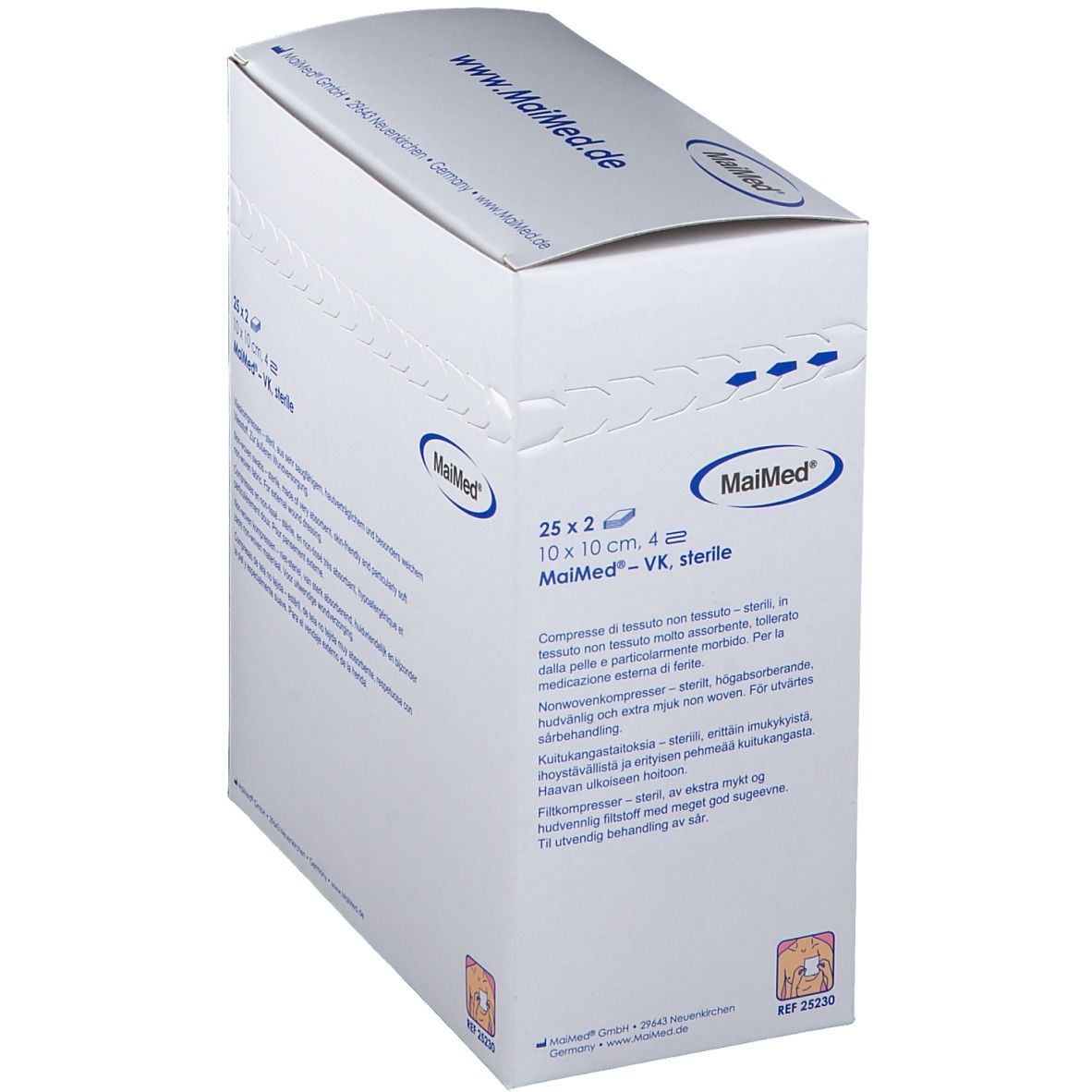 Confezione MaiMed. 25x2 compresse sterili, 10x10 cm. Scritta: Vlieskompressen steril.