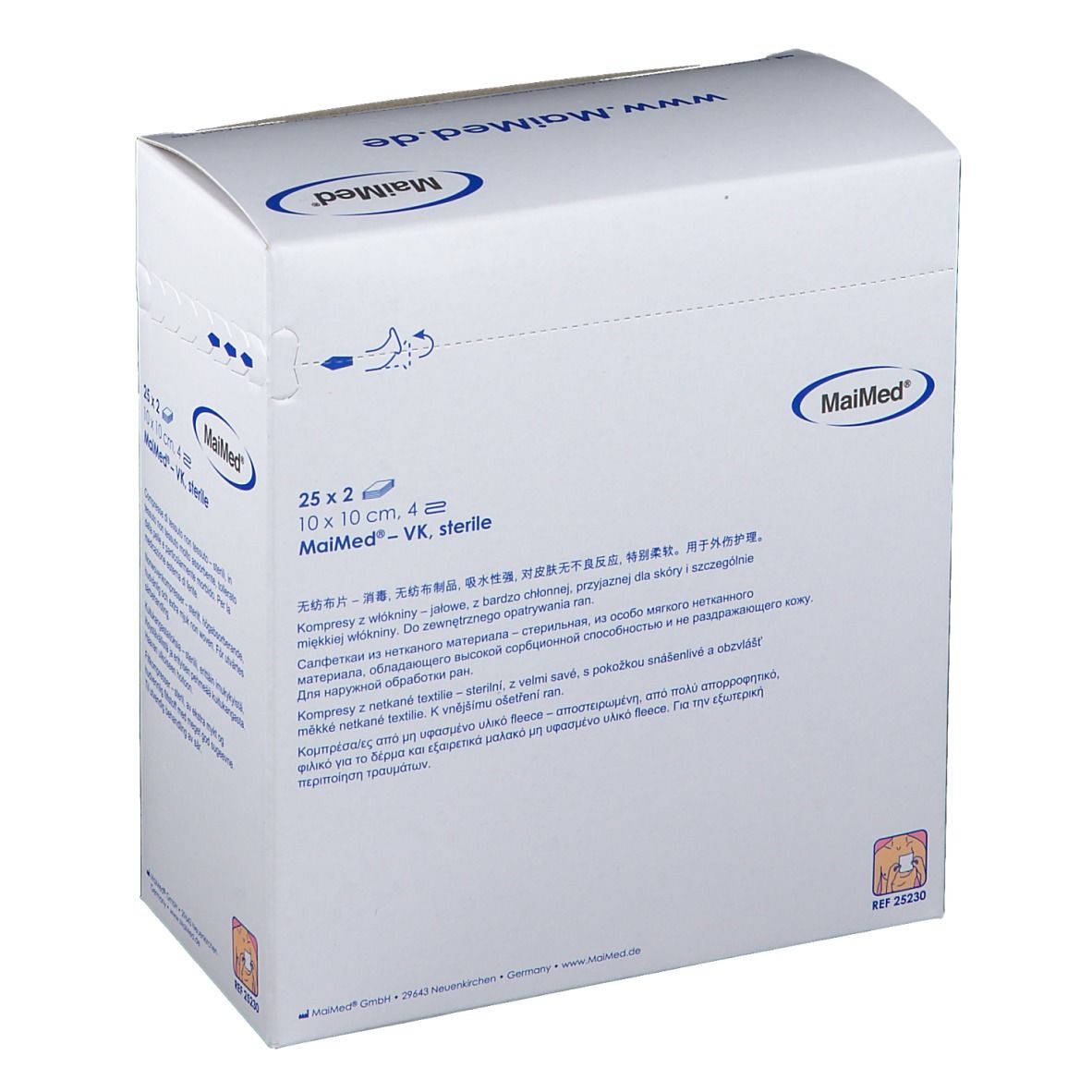Confezione MaiMed. 25x2 compresse sterili, 10x10 cm. Scritta: Vlieskompressen steril.