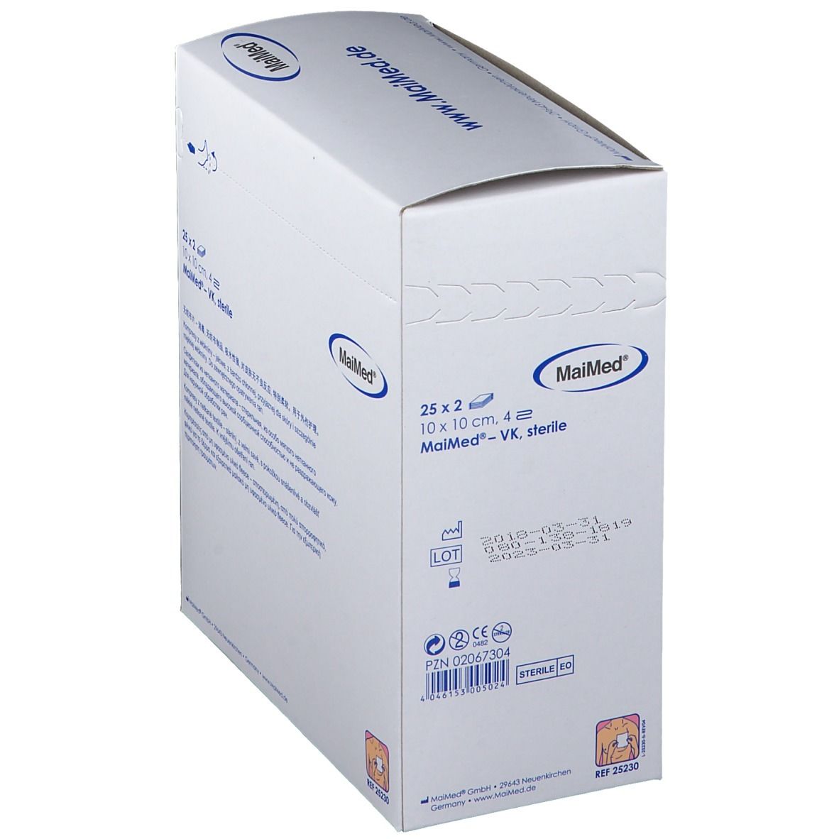 Confezione MaiMed. 25x2 compresse sterili, 10x10 cm. Scritta: Vlieskompressen steril. Numero di lotto.