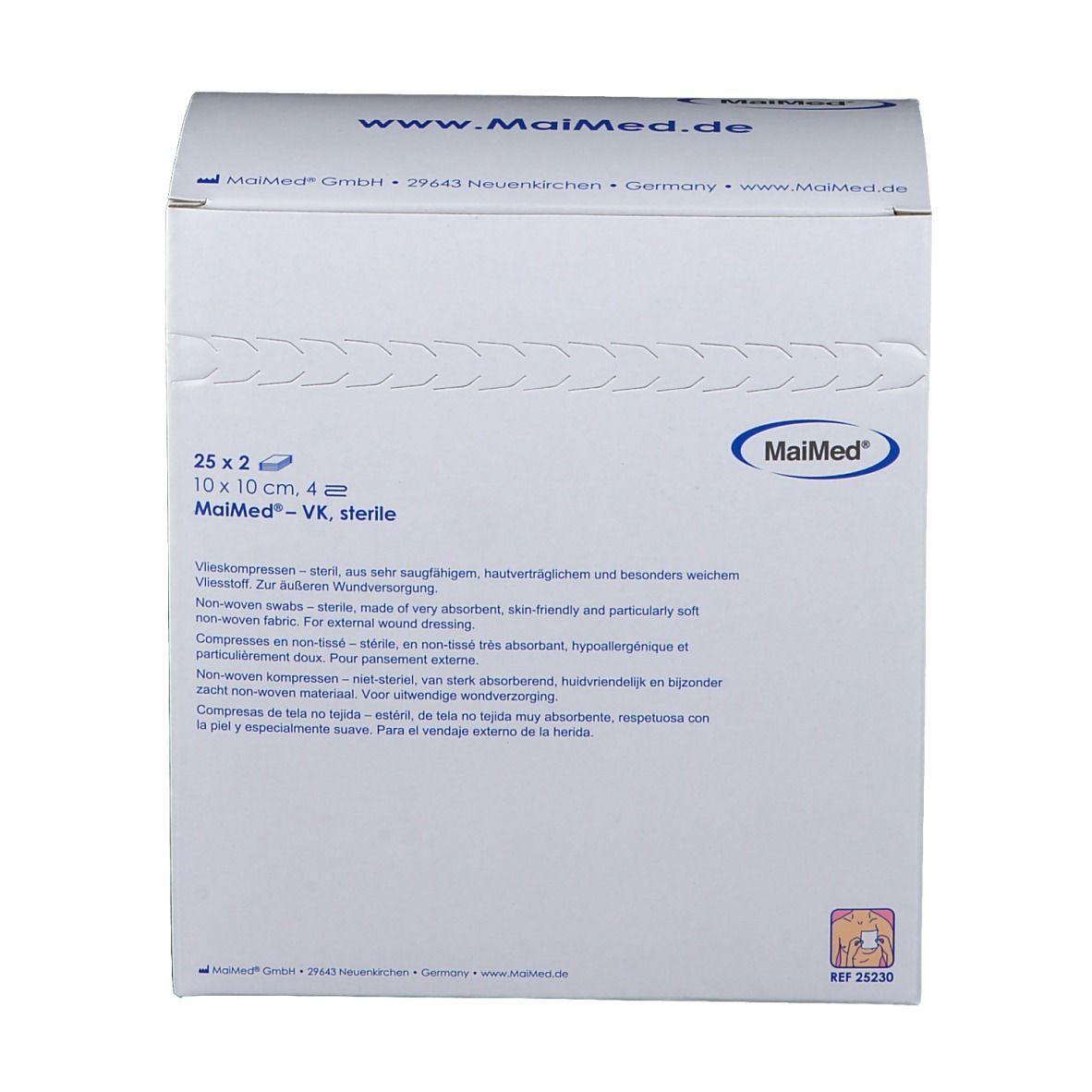 Confezione MaiMed. 25x2 compresse sterili, 10x10 cm. Scritta: Vlieskompressen steril.