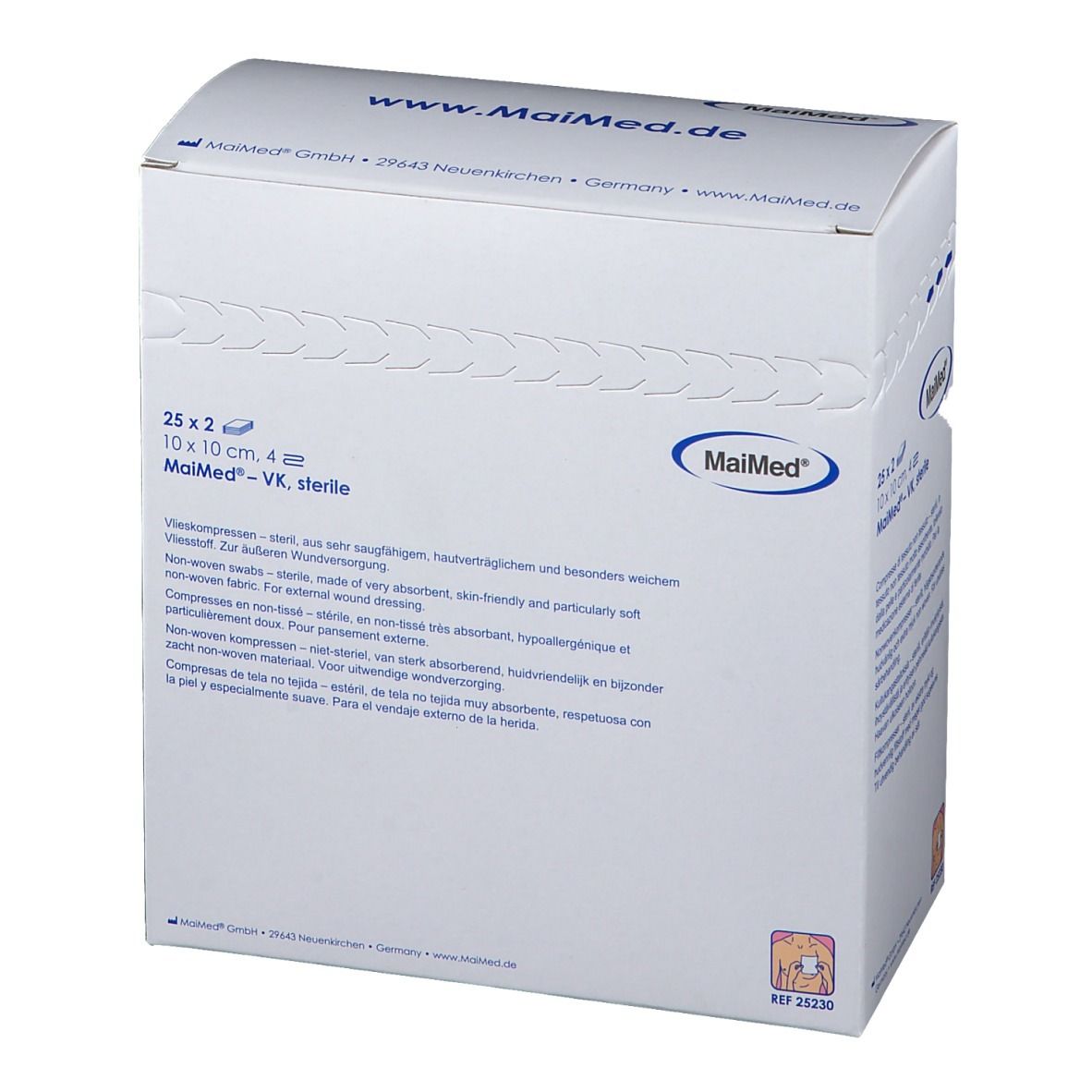 Confezione MaiMed. 25x2 compresse sterili, 10x10 cm. Scritta: Vlieskompressen steril.