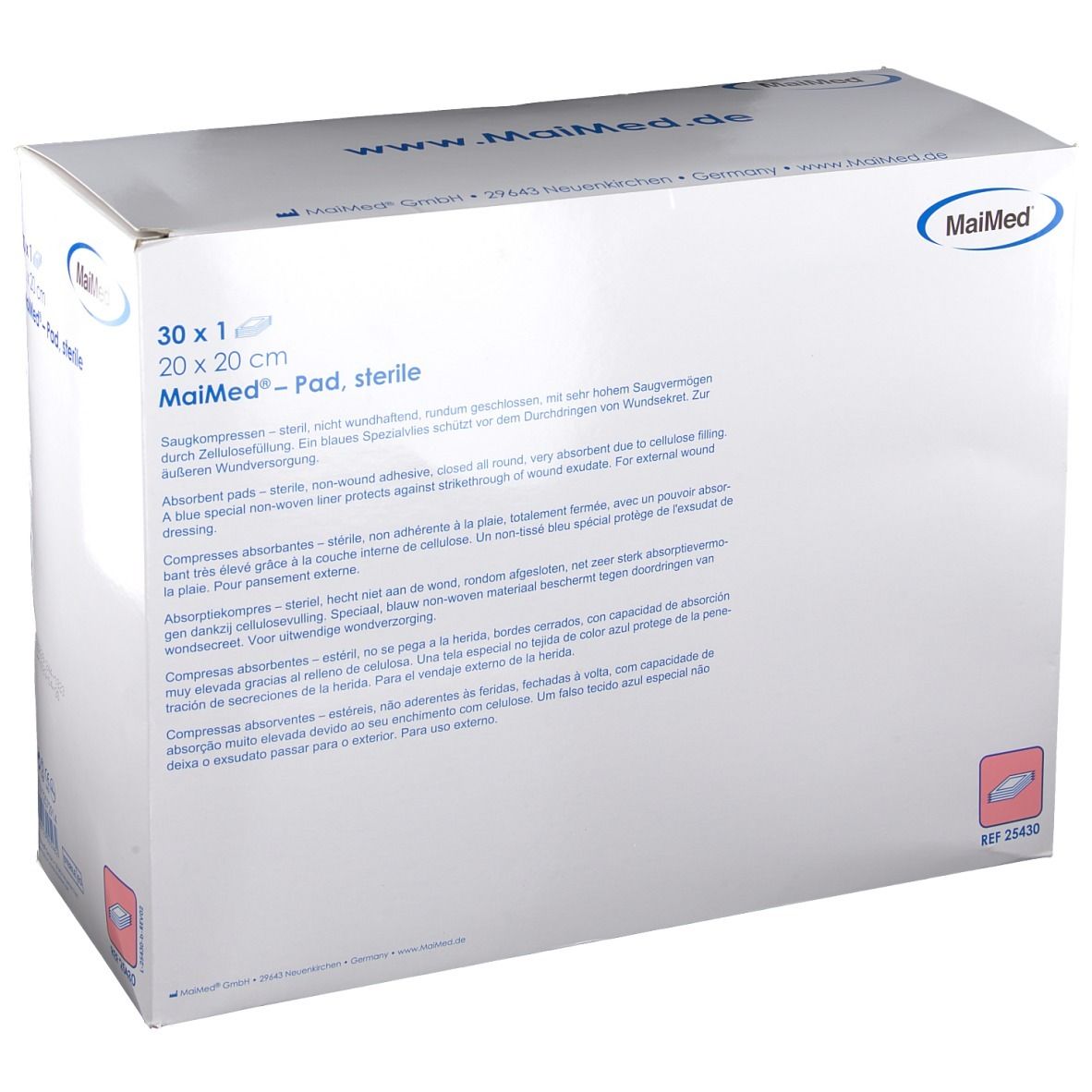 Confezione MaiMed Pad, sterile. 30 pezzi, 20 x 20 cm. Scritte: MaiMed, www.maimed.de. Informazioni sul prodotto.