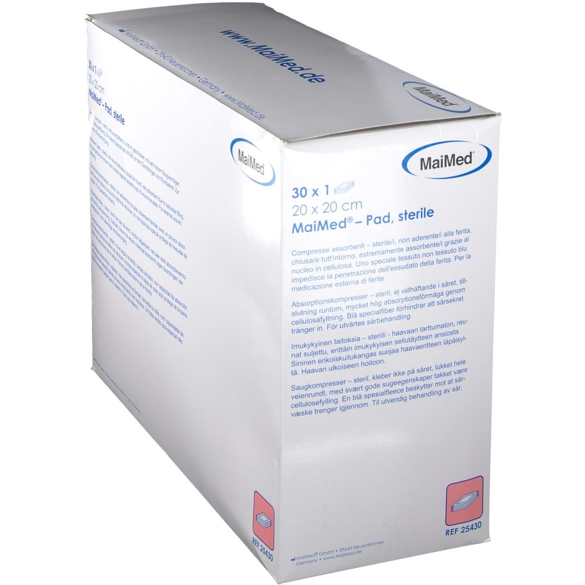 Confezione MaiMed Pad, sterile. 30 pezzi, 20 x 20 cm. Scritte: MaiMed, www.maimed.de. Vista obliqua.