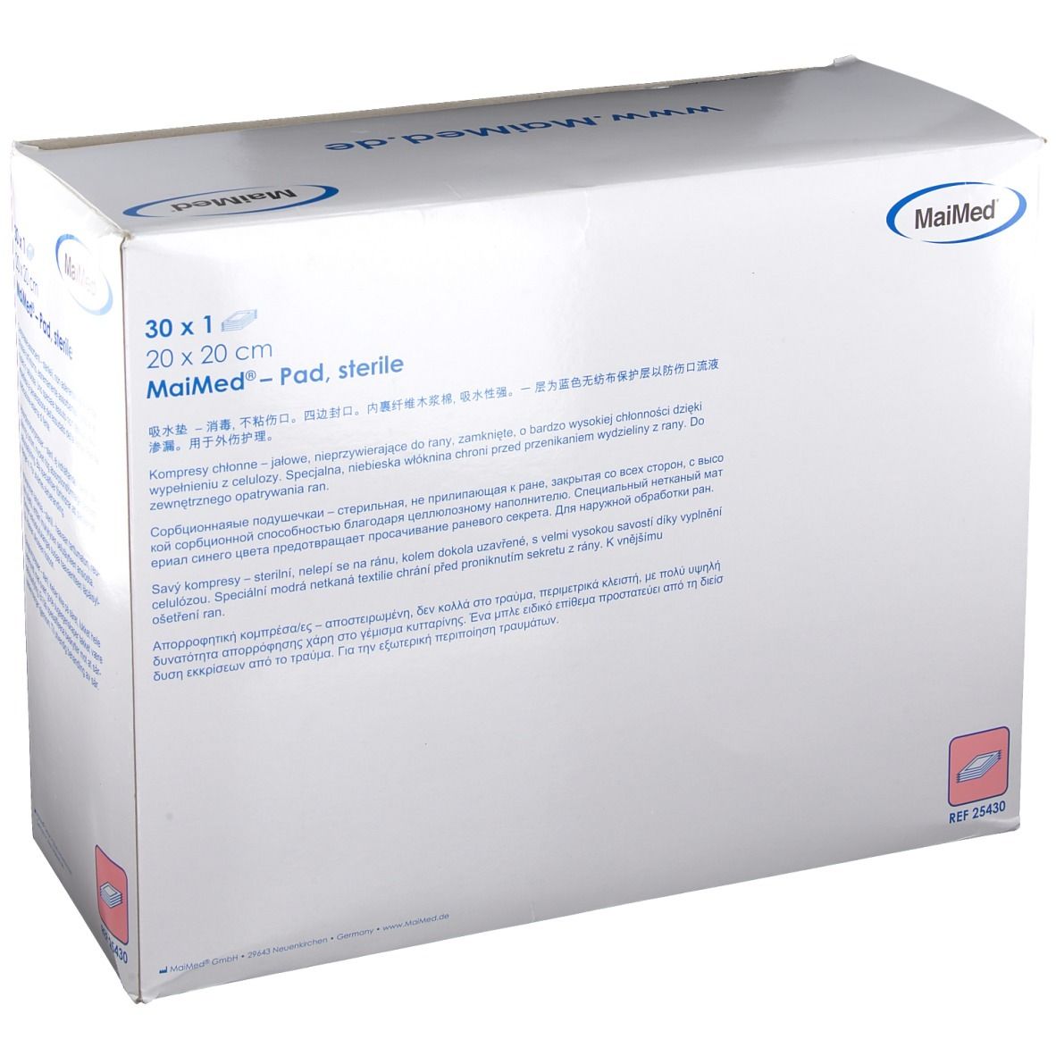 Confezione MaiMed Pad, sterile. 30 pezzi, 20 x 20 cm. Scritte: MaiMed, www.maimed.de. Informazioni sul prodotto.