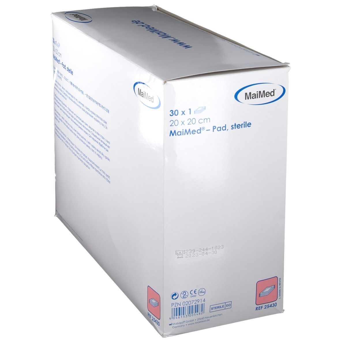 Confezione MaiMed Pad, sterile. 30 pezzi, 20 x 20 cm. Scritte: MaiMed, www.maimed.de. Vista obliqua.