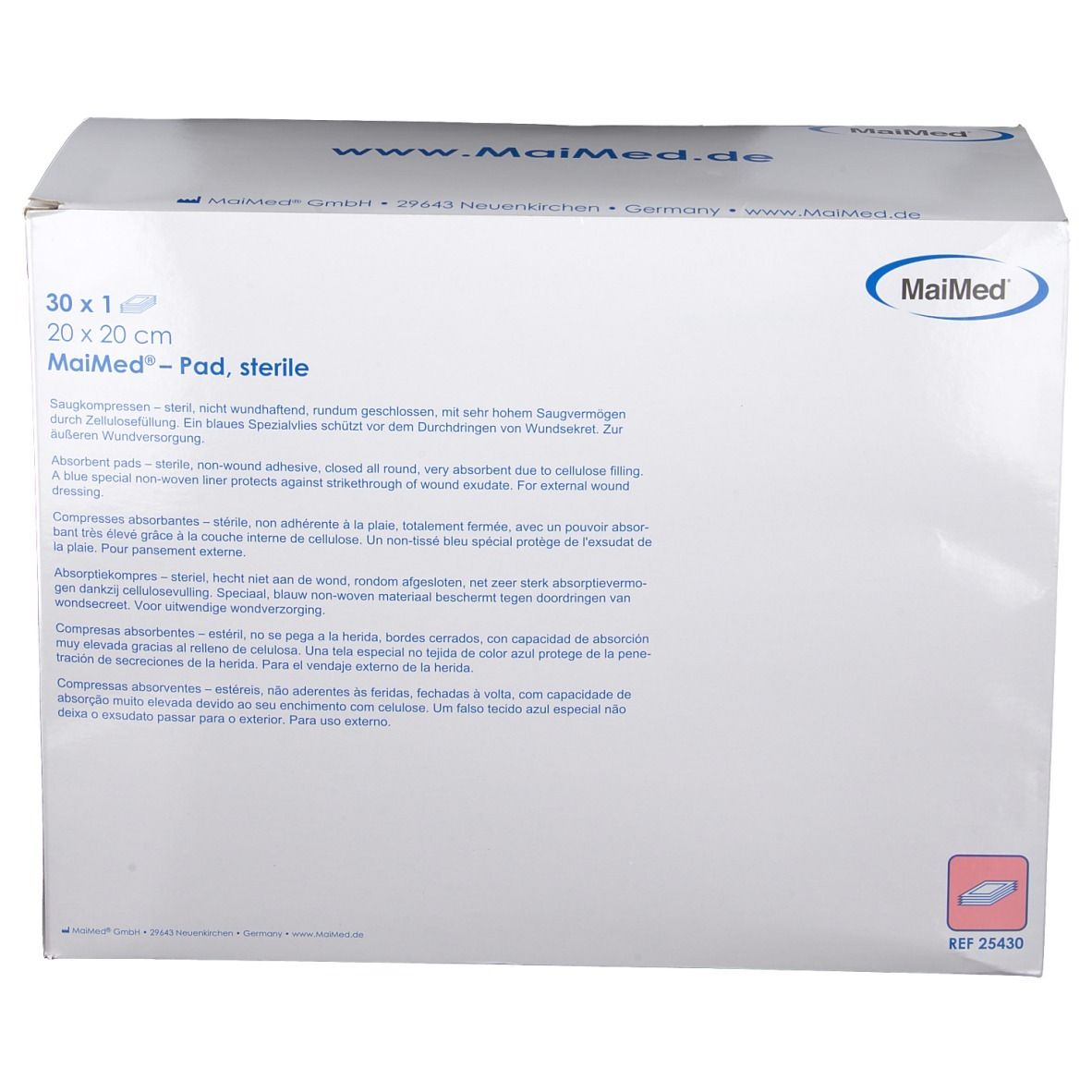 Confezione MaiMed Pad, sterile. 30 pezzi, 20 x 20 cm. Scritte: MaiMed, www.maimed.de. Informazioni sul prodotto.