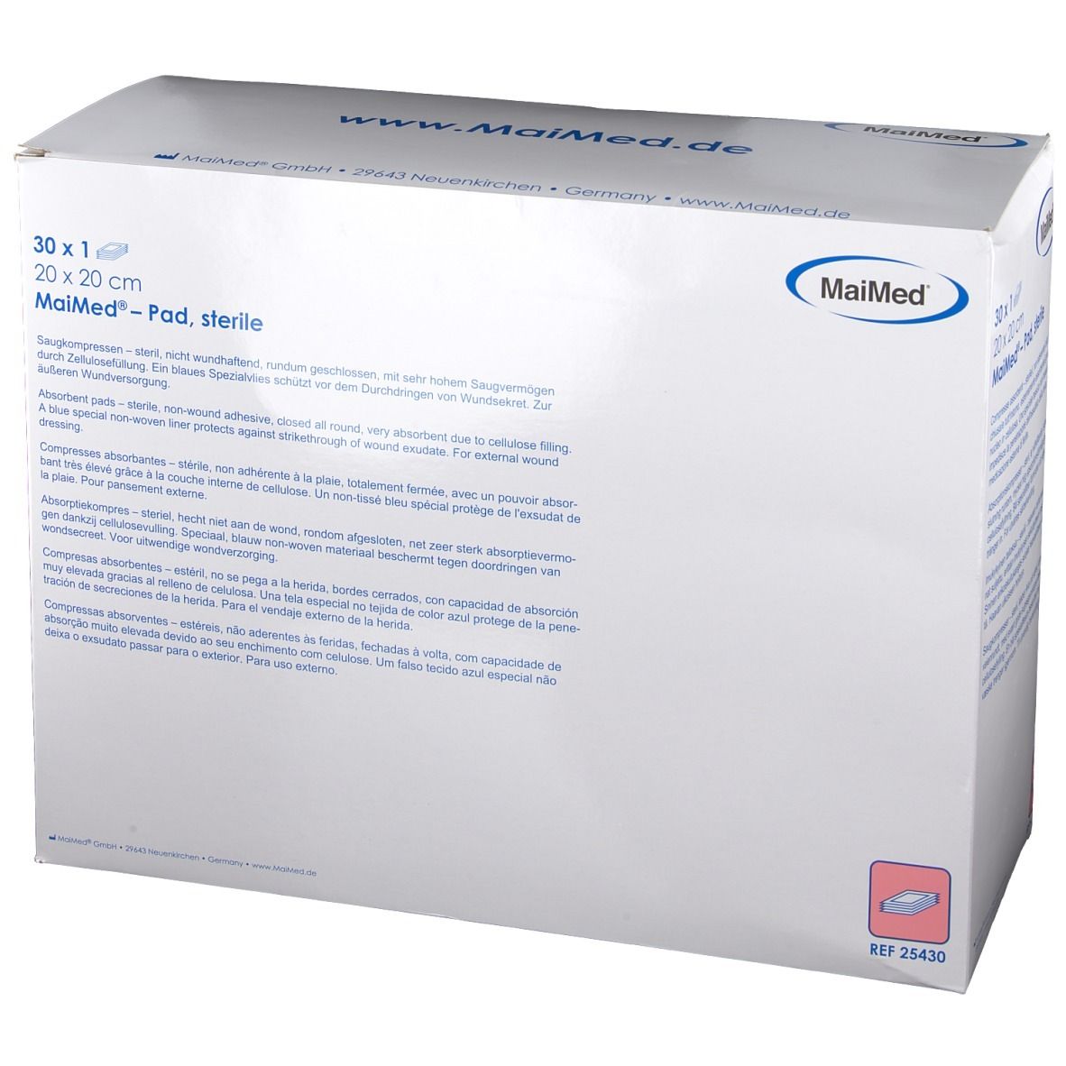 Confezione MaiMed Pad, sterile. 30 pezzi, 20 x 20 cm. Scritte: MaiMed, www.maimed.de. Vista obliqua.