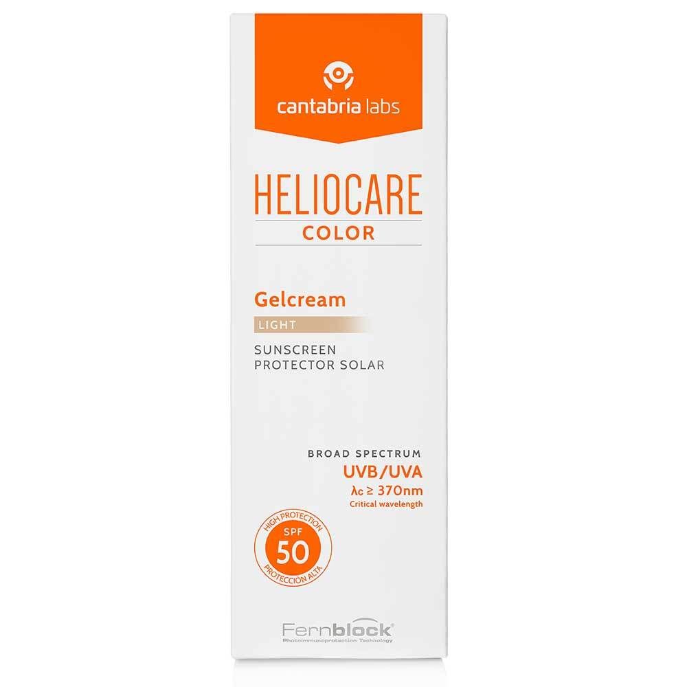 Heliocare Color Gelcream light SPF 50. Scatola. Coperchio arancione. Testo e logo.