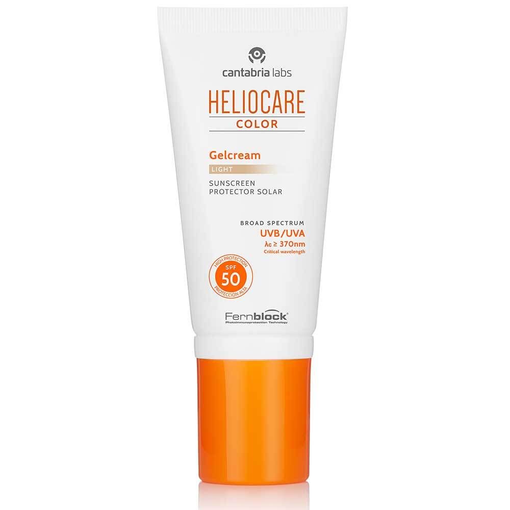 Heliocare Color Gelcream light SPF 50. Tubo bianco. Coperchio arancione. Testo e logo.