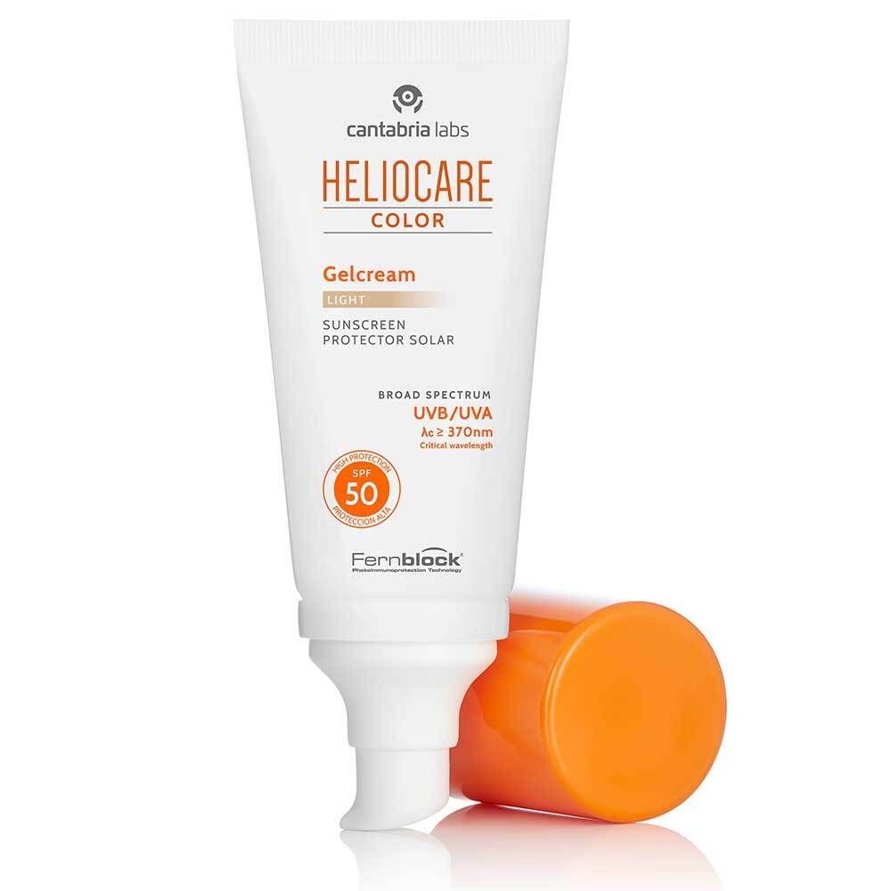 Heliocare Color Gelcream light SPF 50. Tubo bianco. Coperchio arancione. Testo e logo. Coperchio accanto.