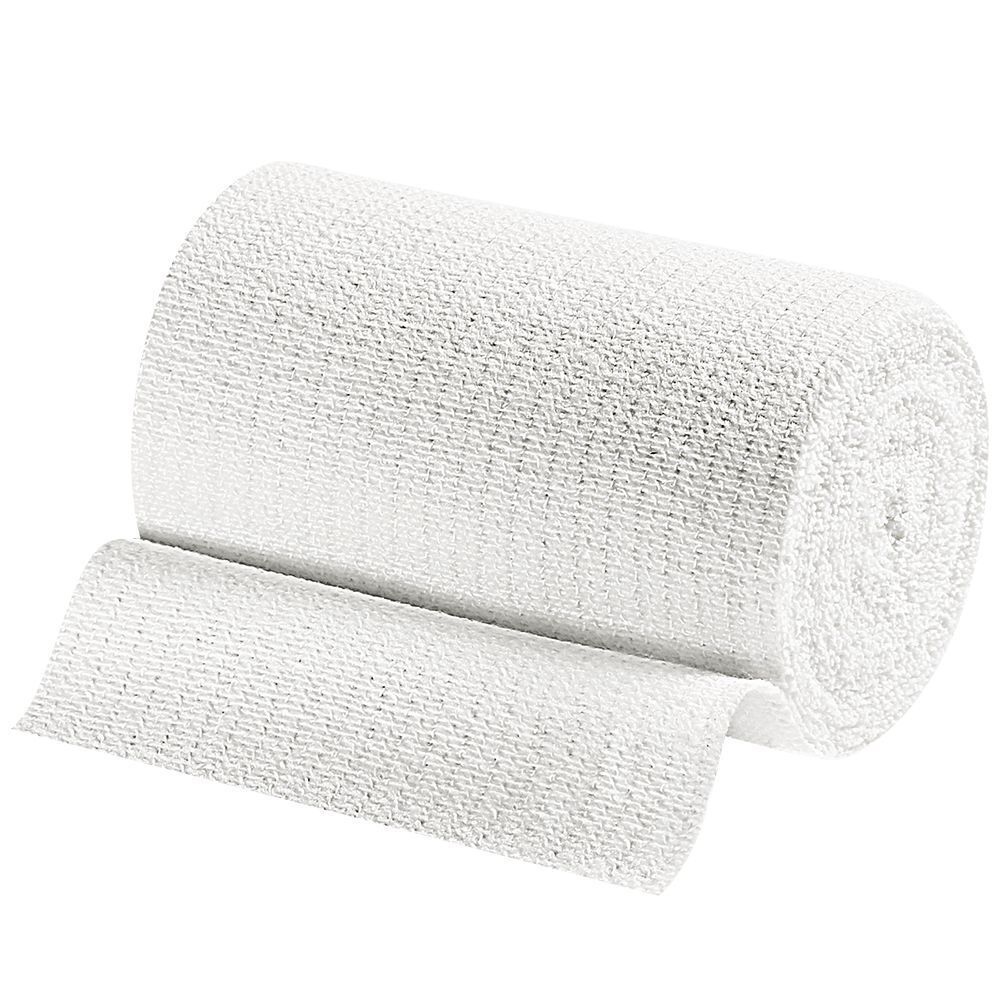 Benda Idealast bianca arrotolata. Un'estremità della benda è srotolata.